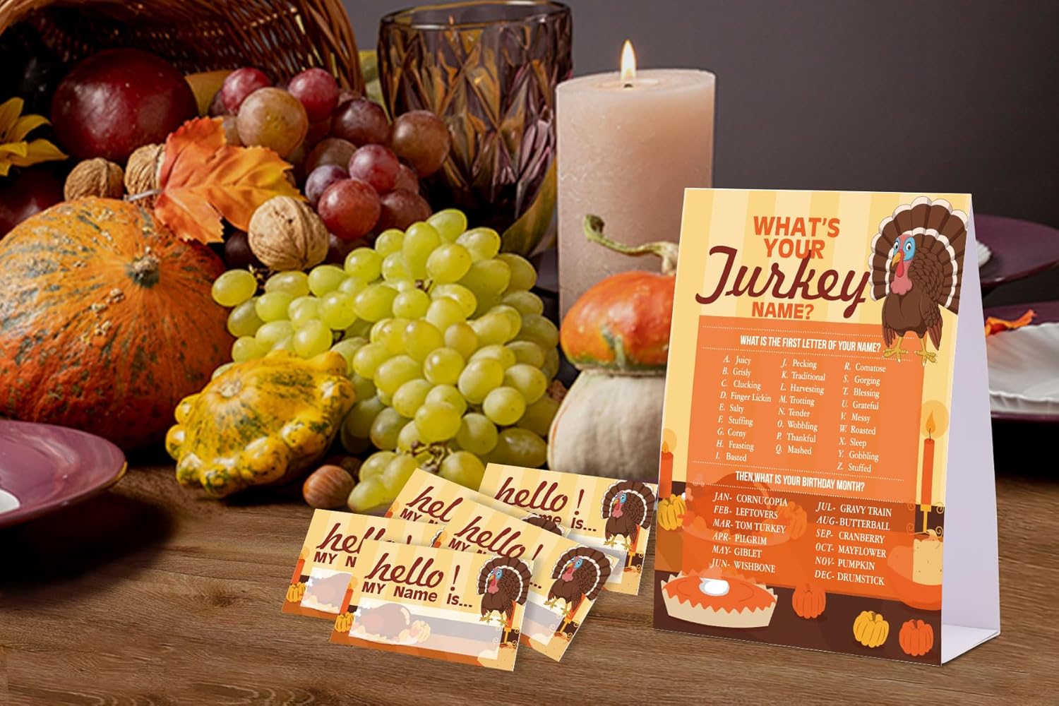 Juego de nombre de Acción de Gracias, con texto en inglés “What’s Your Turkey”, paquete de 1 letrero y 30 etiquetas de nombre, juegos de fiesta de