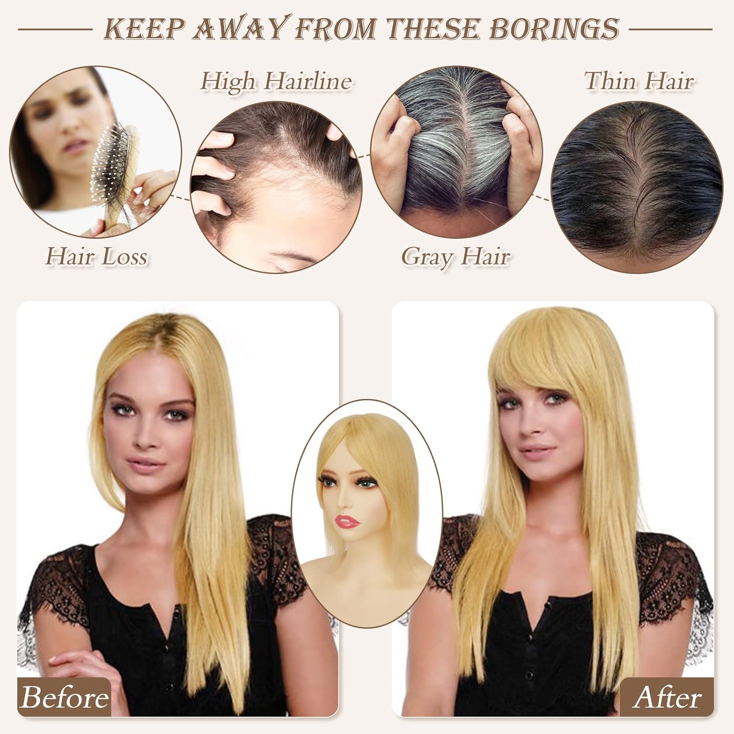 RUWISS Decoración de cabello humano con flequillo, corona, piezas de cabello para mujer, peluca corta para cabello fino, 3.0 x 5.1 in, base de seda,