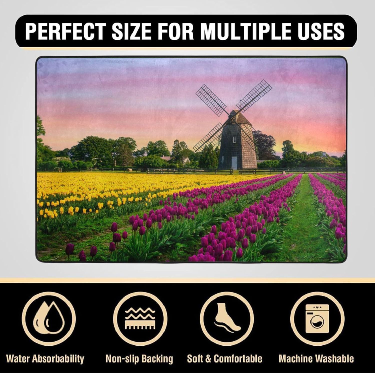 Windmill Tulip Meadow – Tapetes de cocina lavables para el suelo, tapetes de cocina antideslizantes para baño, bañera, ducha, tapete absorbente para