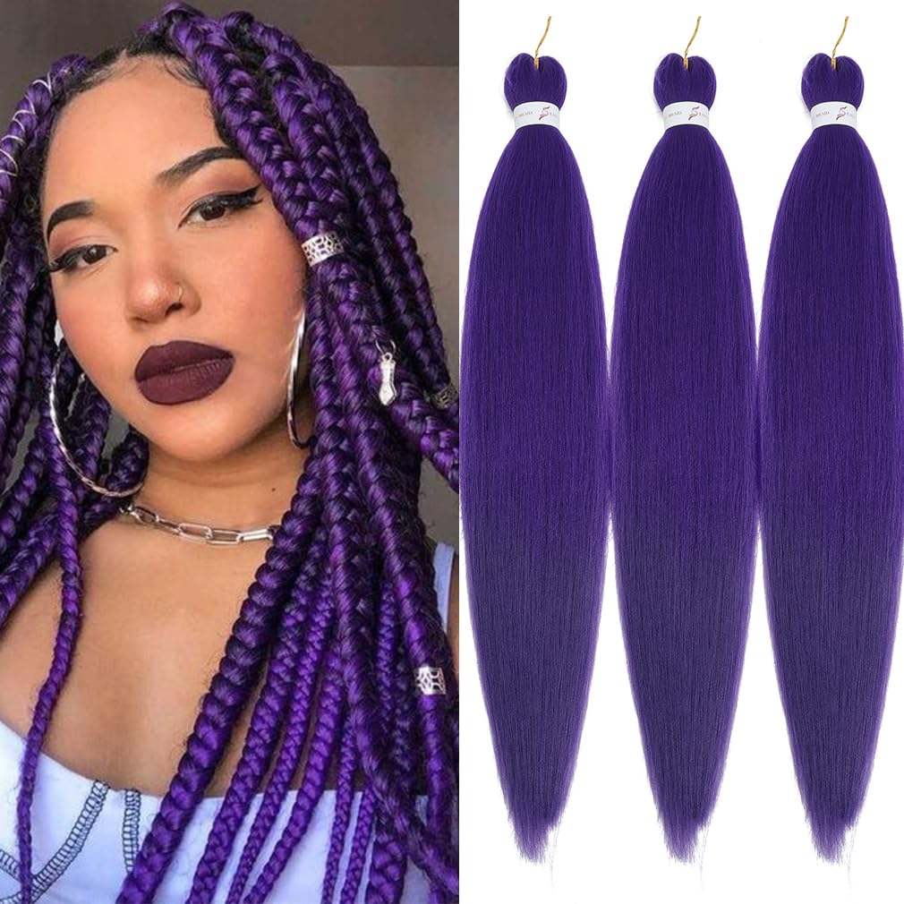 Extensiones de cabello trenzado preestirado morado de 26 pulgadas, paquete de 3 paquetes de extensiones de cabello sintético Yaki texturizado de