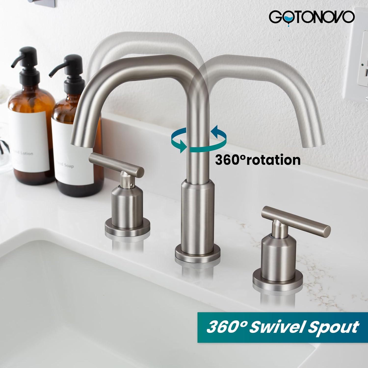 gotonovo Grifo de lavabo de baño de 3 agujeros y 2 asas con drenaje desplegable con válvulas mezcladoras frías y calientes de 8 pulgadas, grifo de
