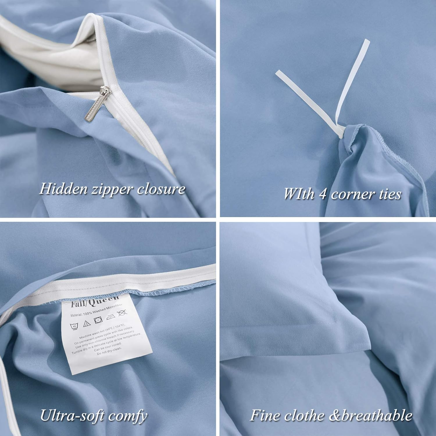 Uhsupris – Juego de funda de edredón para cama queen (3 piezas, 100 % microfibra lavada, más suave y transpirable, con cremallera y ataduras en las