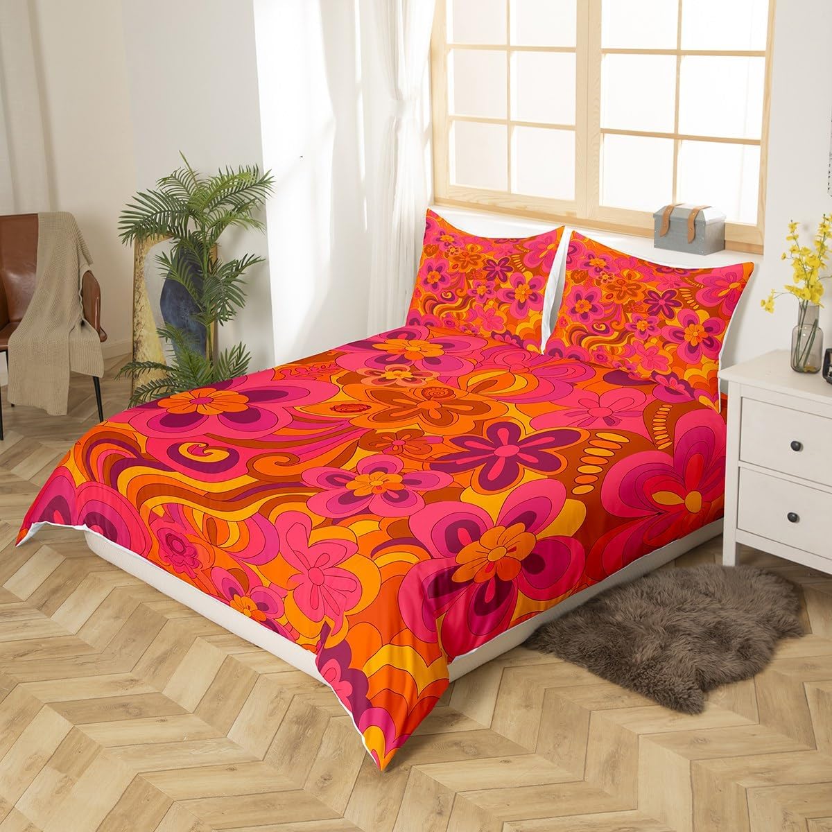 Juego de ropa de cama con estampado floral retro hippie para niños, adolescentes, funda de edredón con estampado floral bohemio vintage de los años