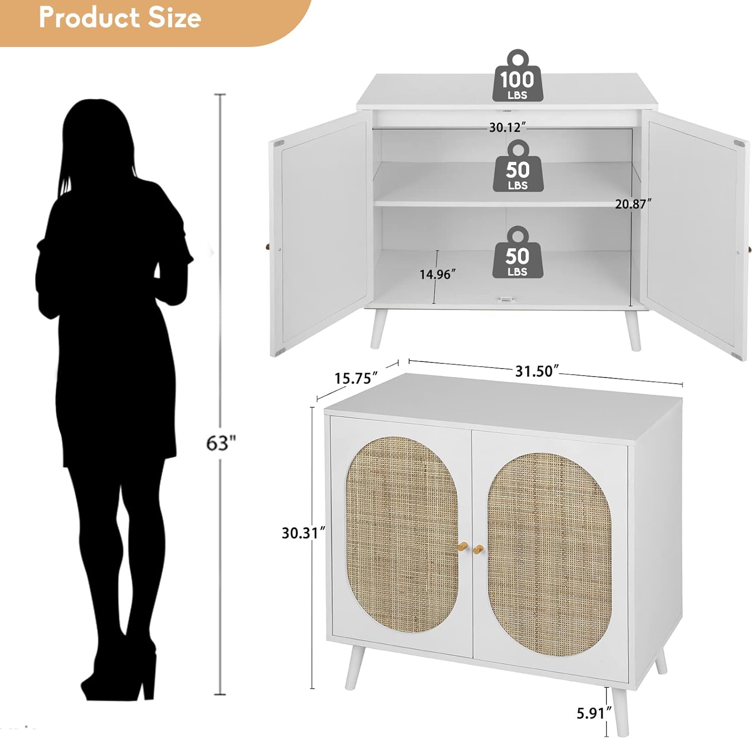 Armario de almacenamiento bohemio con 2 puertas de ratán, armario de mimbre para bufé, mesa de consola de armario, armario de madera de mediados de