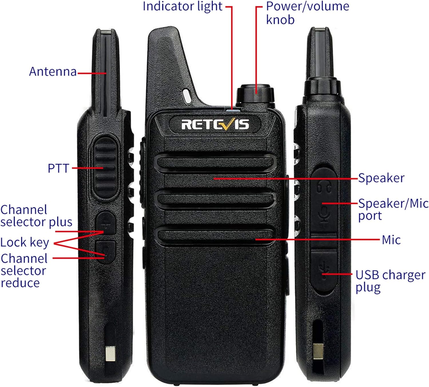Retevis Radio bidireccional RT22 (paquete de 4) con auricular VOX (paquete de 4), recargable de largo alcance, portátil, manos libres para adultos,