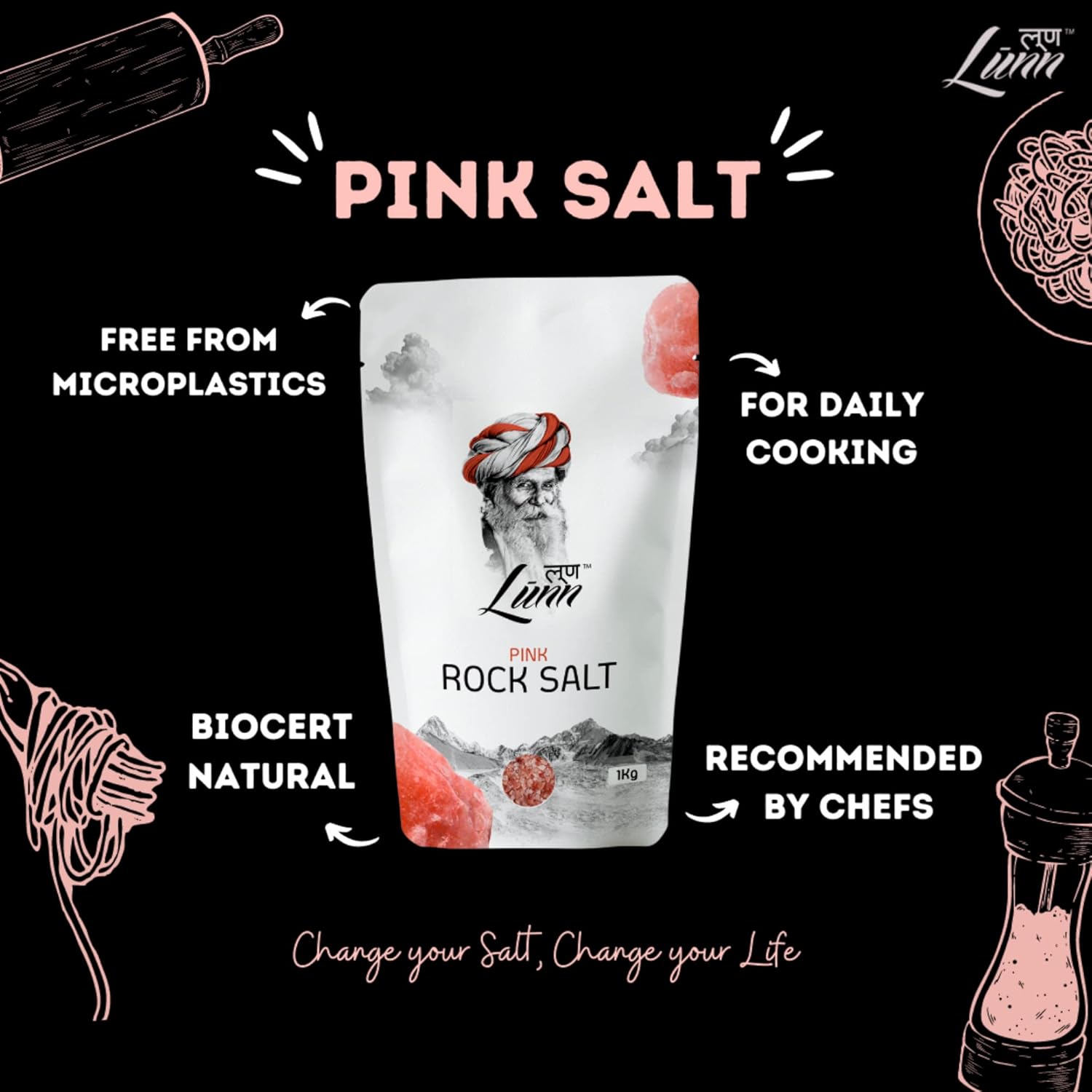 LUNN Sal de roca rosa del Himalaya de cristal natural  35.27 onzas (2.2 lbs)  Rica en minerales  Sal pura sin refinar  Sin OMG  Sin gluten  Vegana
