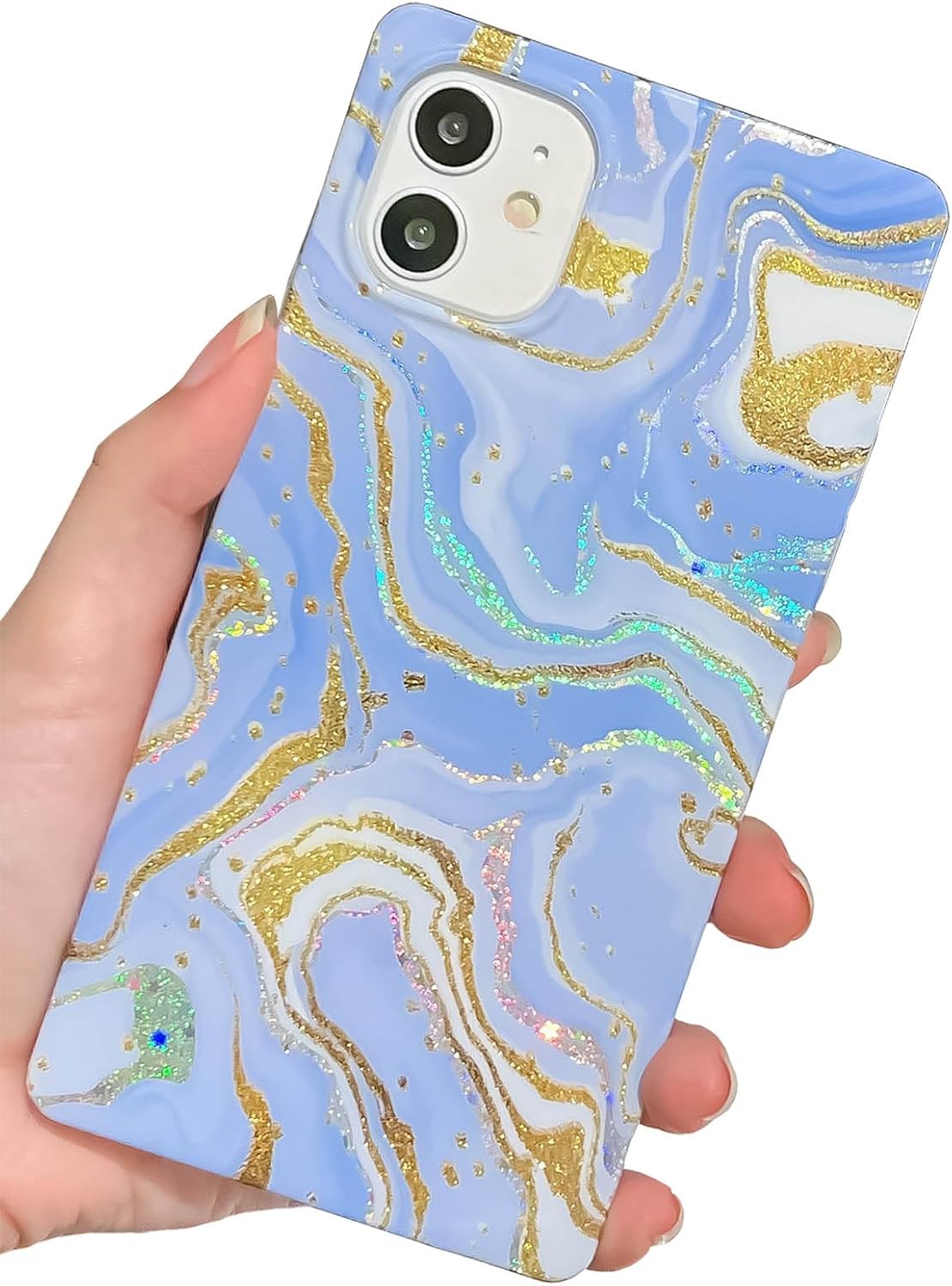 KERZZIL Funda de lujo con diseño de mármol con purpurina para iPhone 1212 Pro con borde cuadrado, elegante funda delgada de goma de silicona TPU