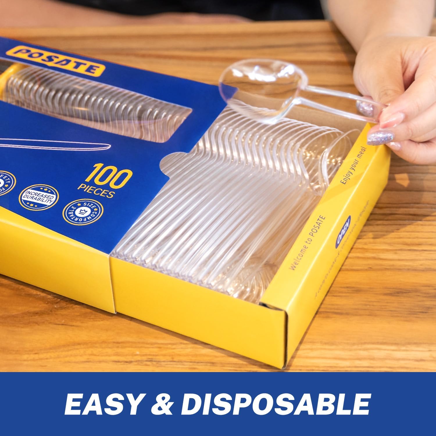 POSATE Cucharas de plástico desechables extralargas de 7.1 pulgadas (100 unidades), tamaño grande para adultos, plástico resistente de grado