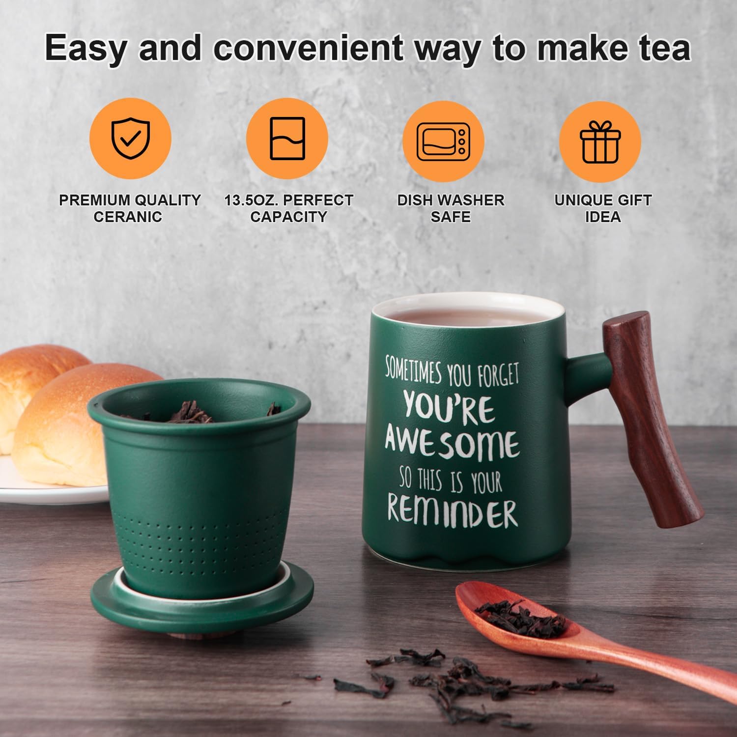 Breleidy Taza de té de cerámica con infusor y tapa, taza de café con mango de madera con colador para remojar hojas sueltas, regalo ideal para los