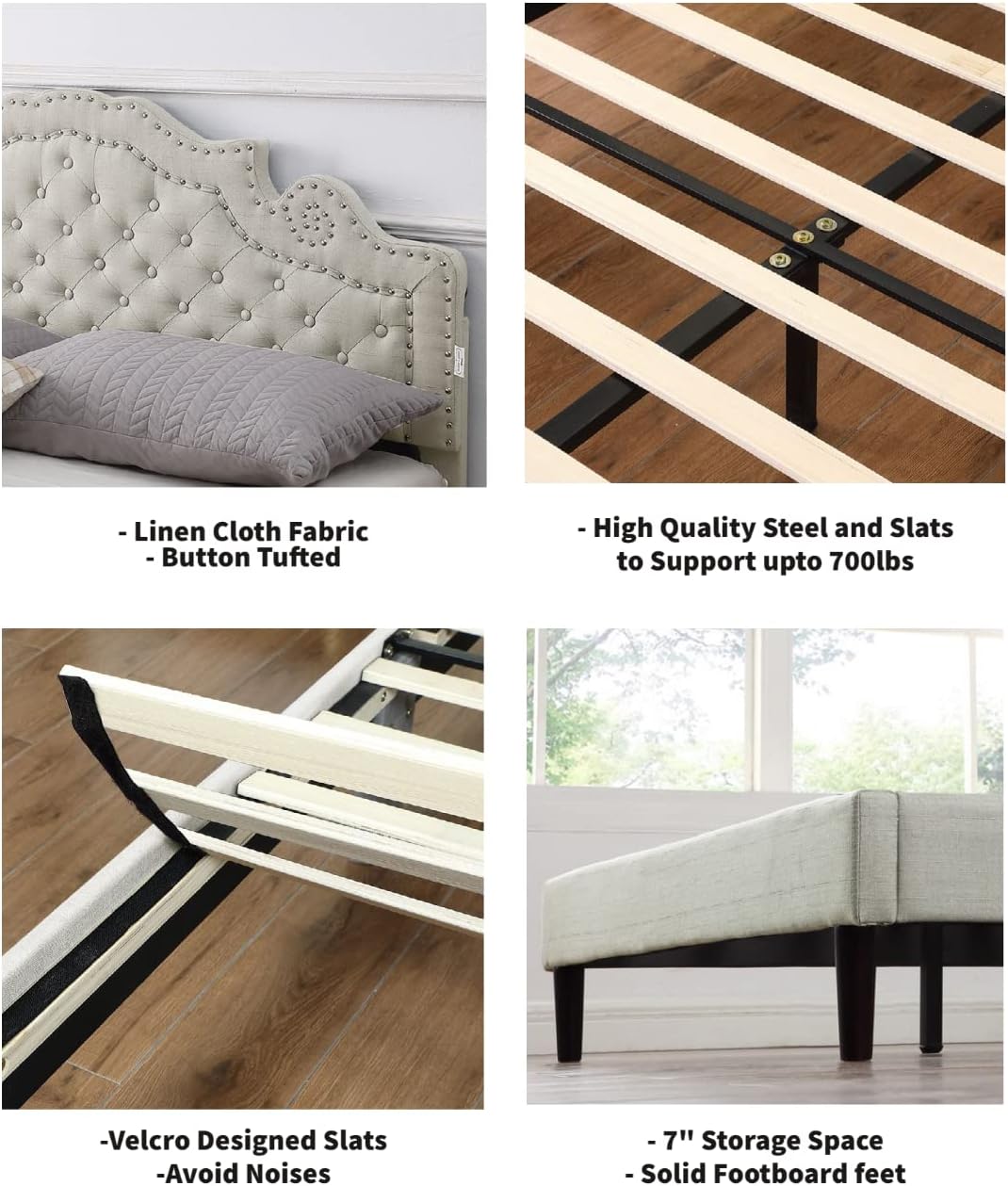 Base de cama de plataforma tapizada tamaño Queen con cabecero ajustable de 47 pulgadas de alto, cama de lino copetuda con botones, soporte de