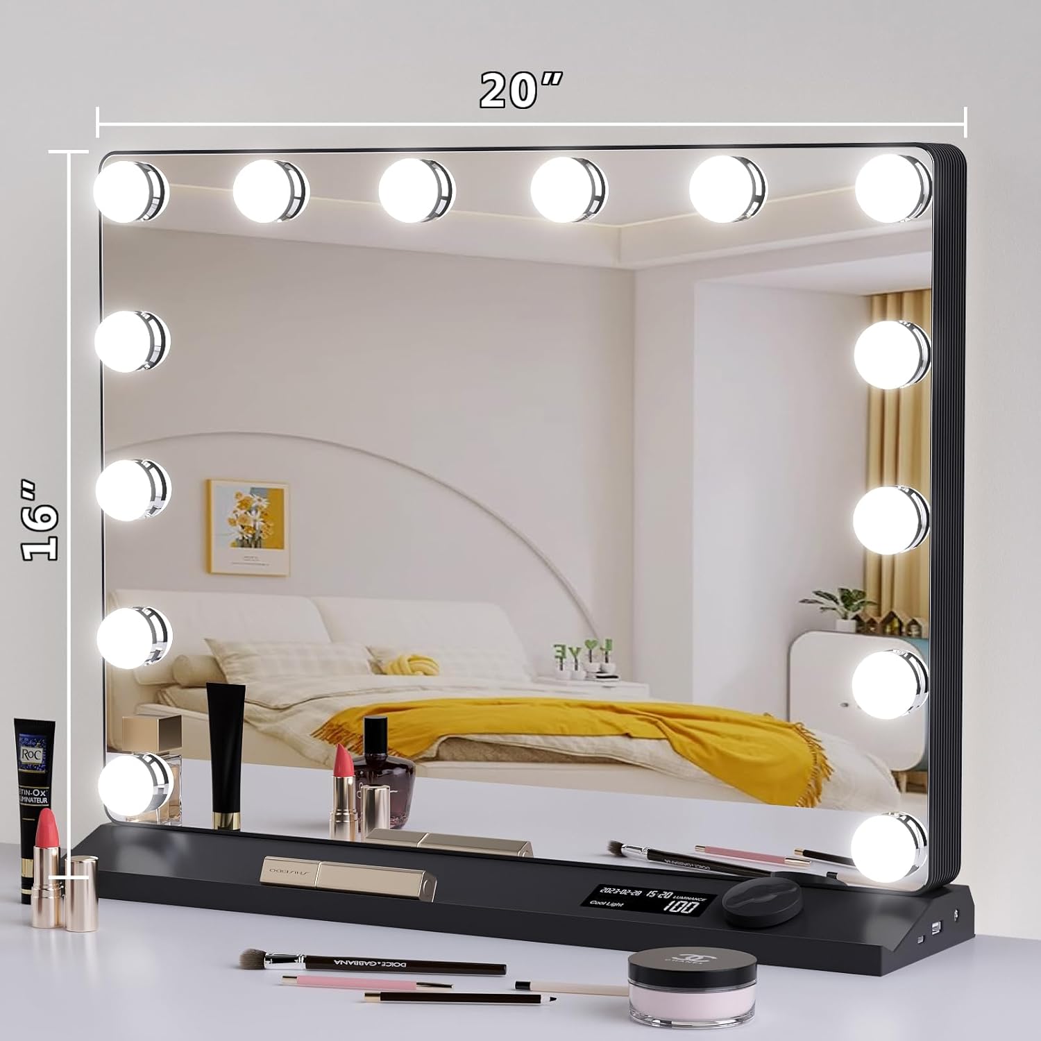 Hollywood Espejo de maquillaje con luces de 20 x 16 pulgadas, 14 bombillas LED, 3 modos de color, control de perilla, puerto de carga USB, marco de