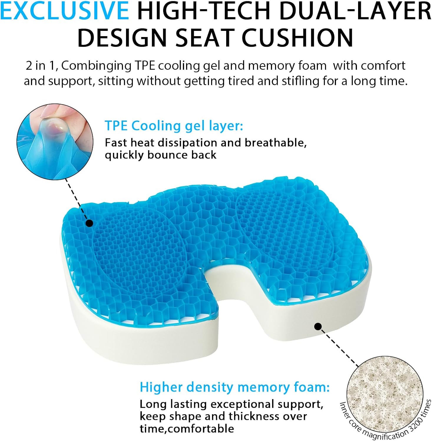 Cojín de asiento de gel y cojín de asiento de espuma viscoelástica, almohada cómoda con soporte de presión para silla de oficina, asiento de