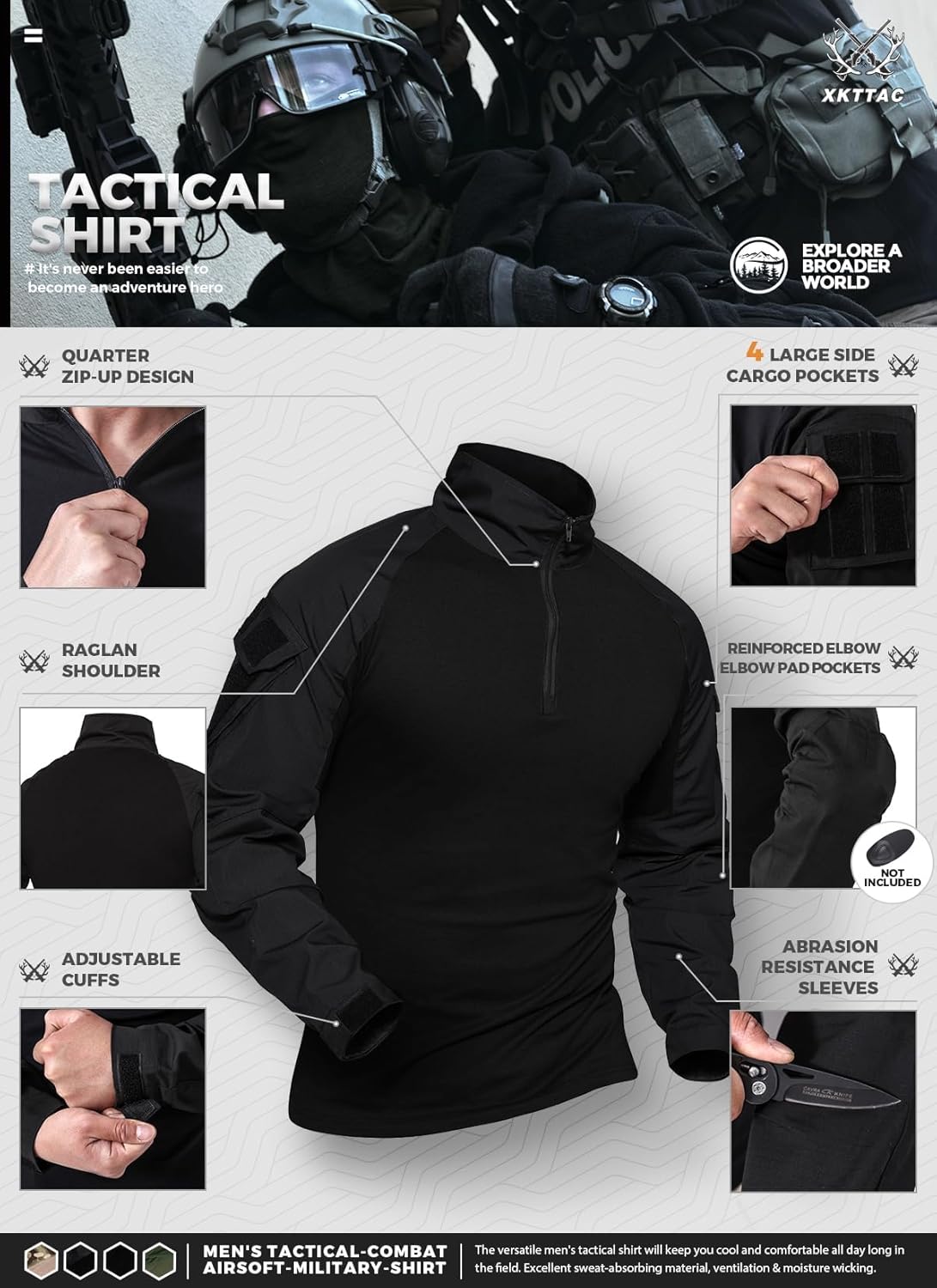 XKTTAC – Camiseta táctica de combate G3 para hombre con 2-4 bolsillos para Airsoft, actividades militares, paintball, equipo de camping, camiseta