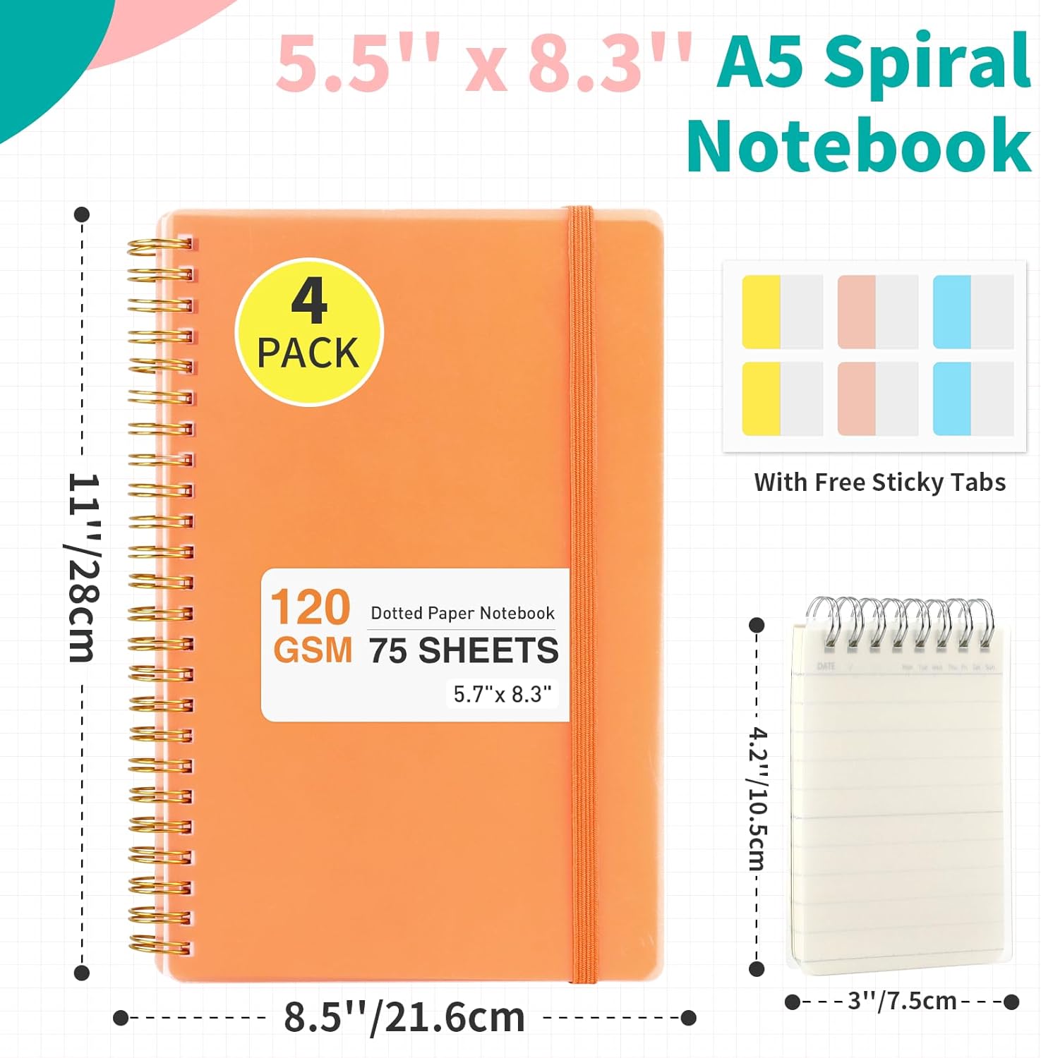 Smarpau Paquete de 4 cuadernos en espiral de 5.7 x 8.3 pulgadas, 75 hojas150 páginas por cuaderno, diario grande de cuadrícula de puntos