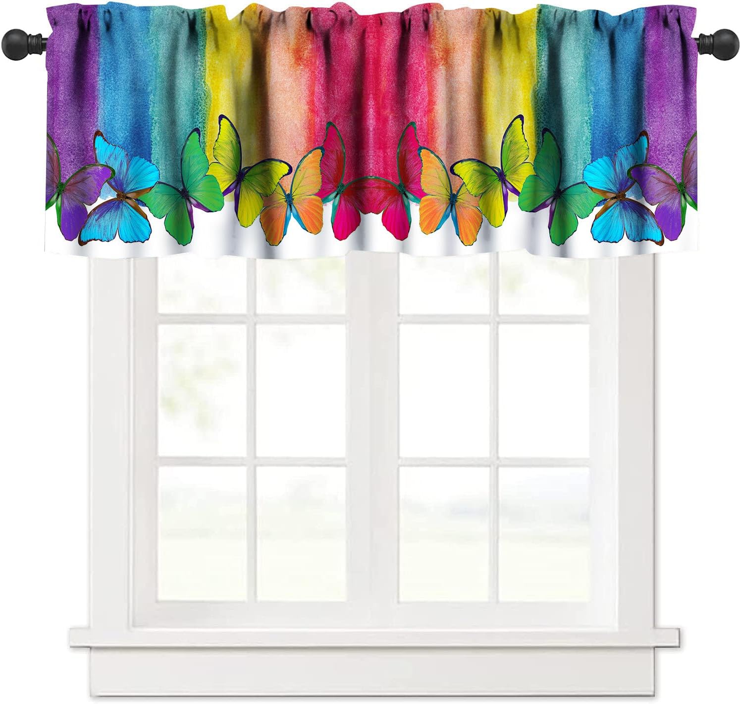Cenefa de ventana con diseño de mariposa y arco iris, diseño romántico de dibujos animados, acuarela, dormitorio, sala de estar, cocina, tratamiento