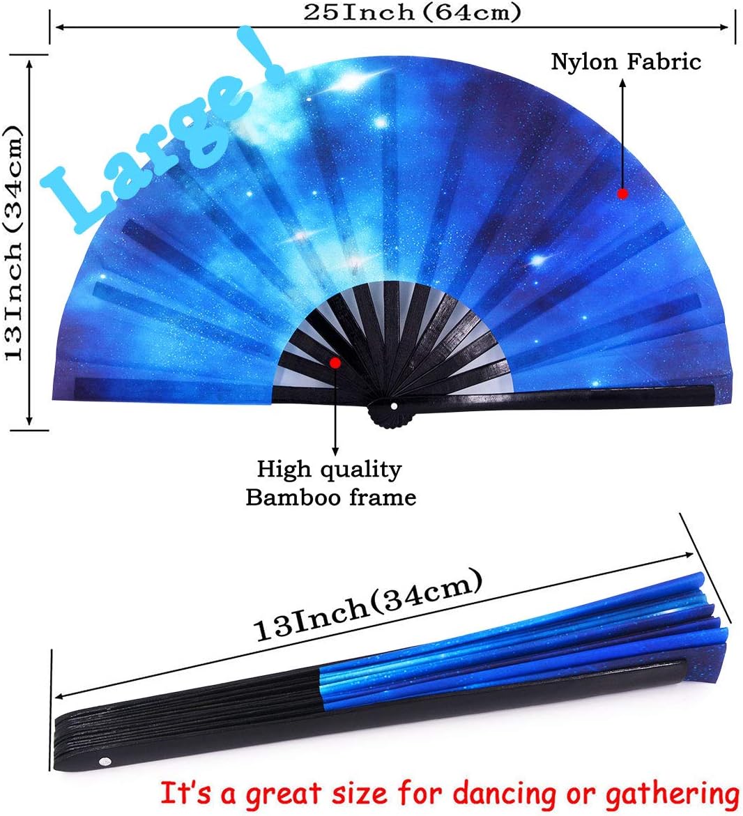 Amajiji Ventilador de mano plegable grande, accesorios para festivales rave para mujeres y hombres, ventilador de mano chinojaponés, ventilador de