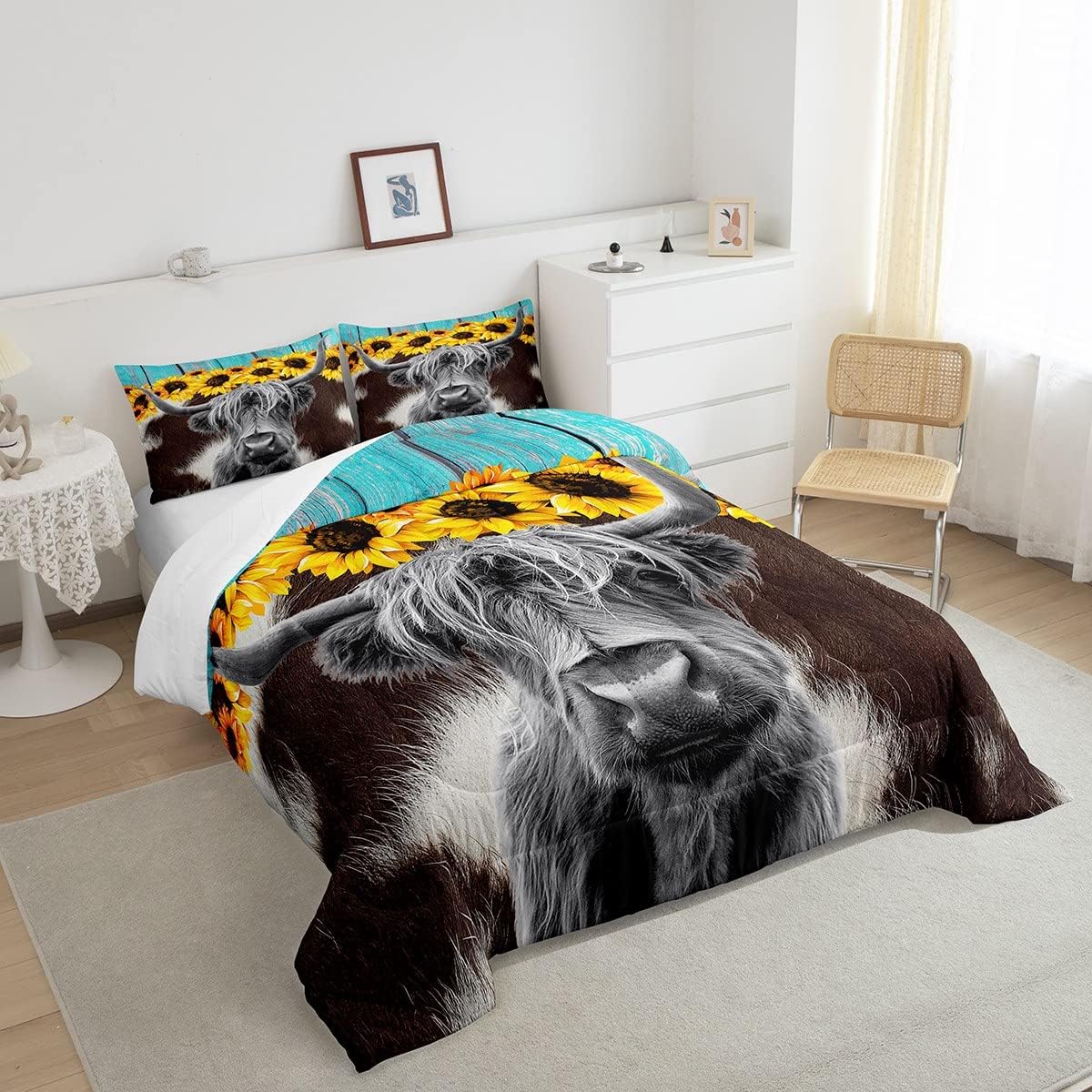 Juego de ropa de cama de vaca de las Highland, edredón con estampado de piel de vaca marrón para niños y niñas, edredón de girasoles en 3D,