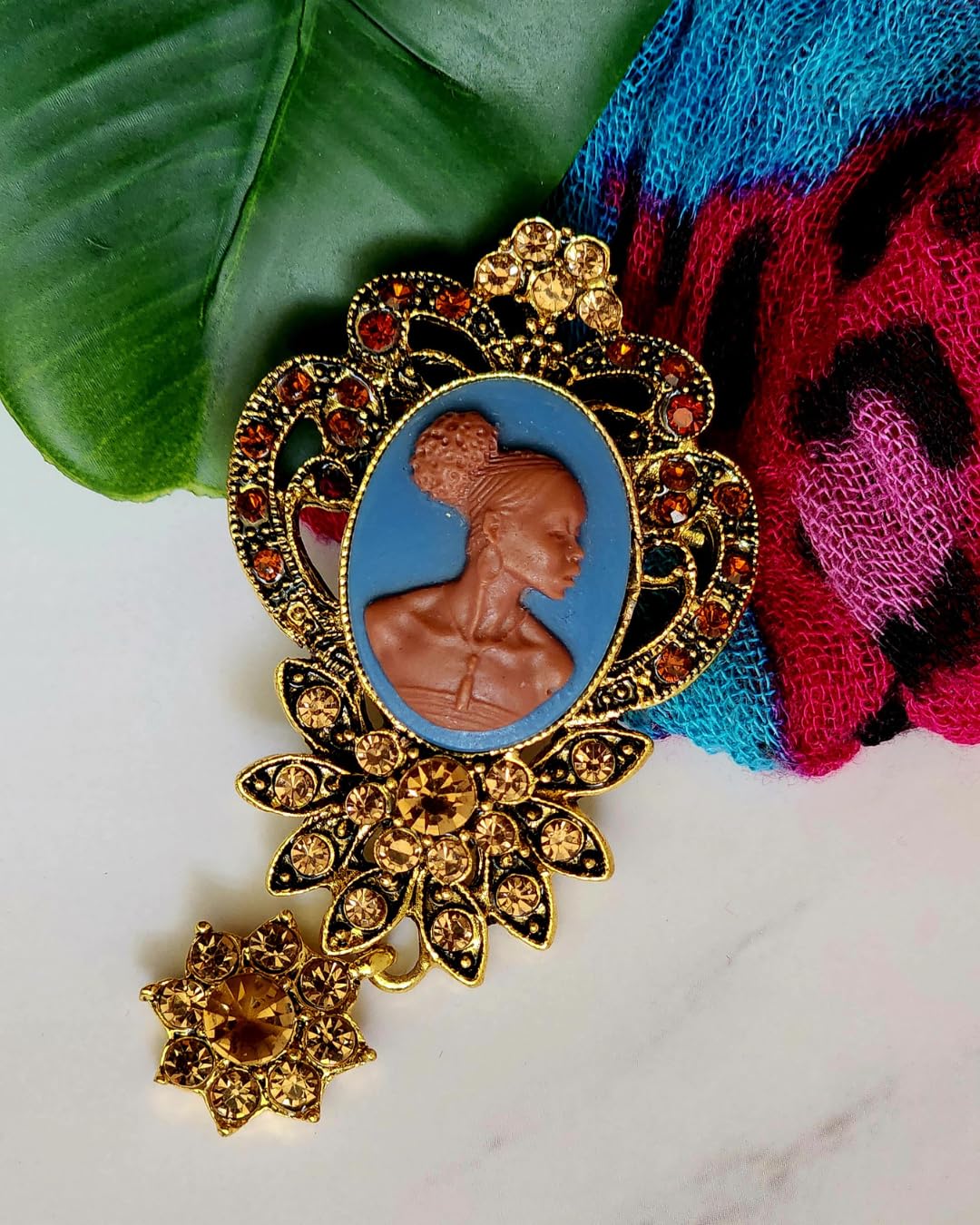 Deborah’s Elegance – Rhinestone Black Lady Cameo Brooch by Brownskin Things – FREE SHIPPING – Handmade – Vintage Style – Blue and Brown