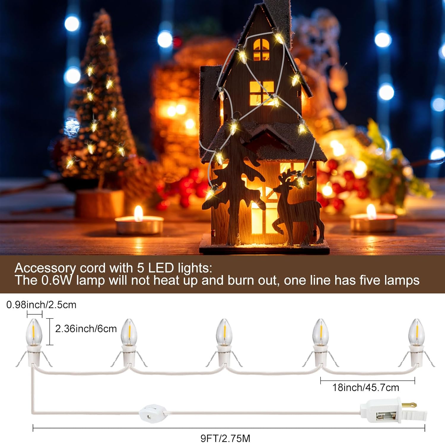 8 piezas de cable de accesorios con 5 bombillas LED de luz nocturna de aldea de Navidad, bombillas C7, enchufe de bombilla de 9 pies para decoración