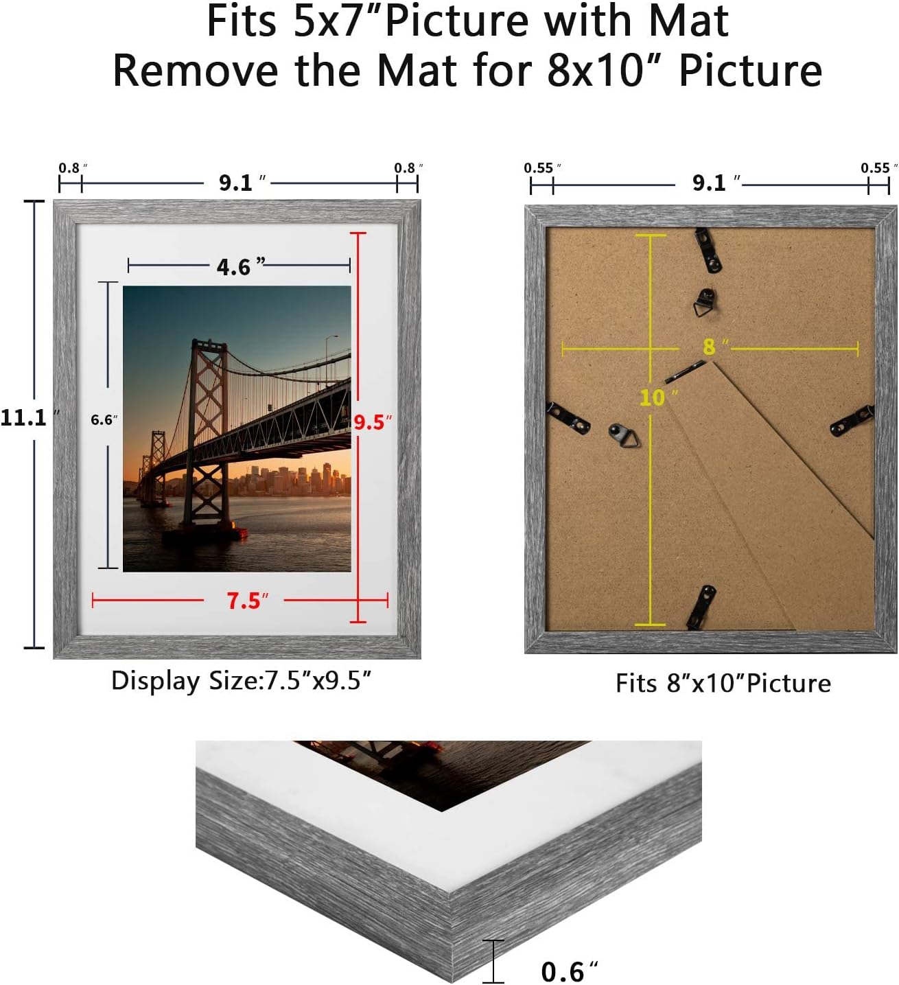 BAIJIALI Portarretratos de 8 x 10 pulgadas, patrón rústico de madera gris con plexiglás HD, muestra fotos de 5 x 7 pulgadas con paspartú o de 8 x 10
