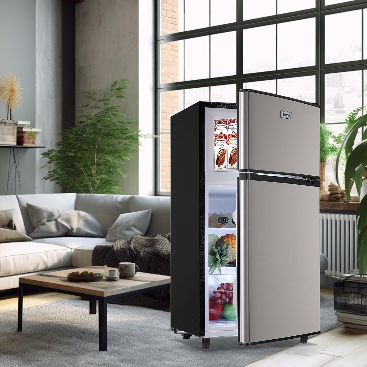 WANAI Refrigerador compacto de 3.5 pies cúbicos con congelador, refrigerador pequeño con 7 modos de temperatura, ahorro de energía, bajo ruido para