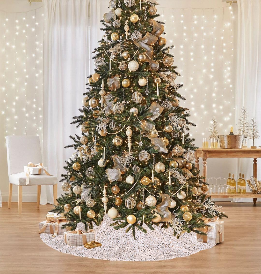 Faldón de árbol de Navidad dorado champán de 36 pulgadas, decoración de Navidad, falda redonda de terciopelo con lentejuelas para árbol pequeño para