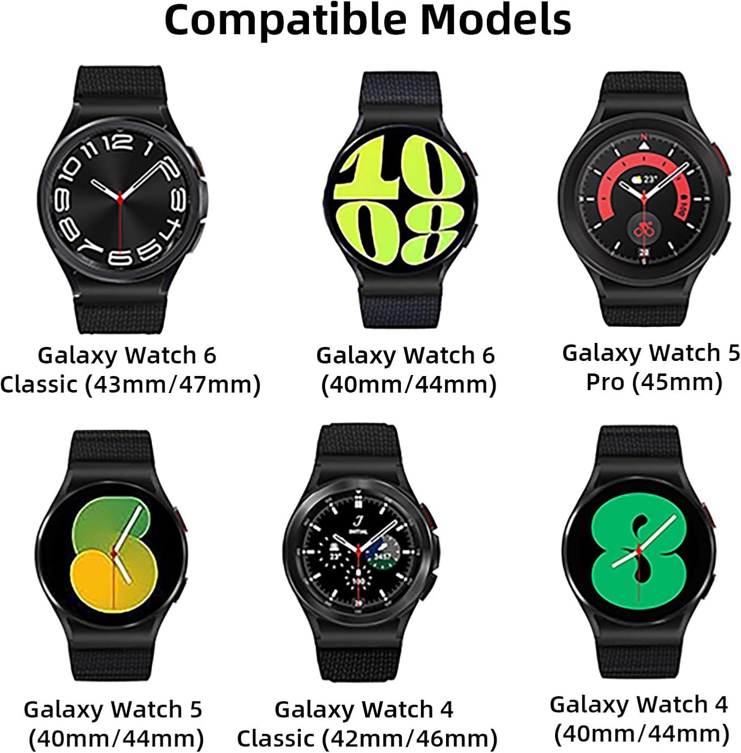 One Click – Correa de nailon sin brecha compatible con Samsung Galaxy Watch 6 5 4 1.575 in 1.732 inGalaxy Watch 6 Classic Band 1.850 in 1.693