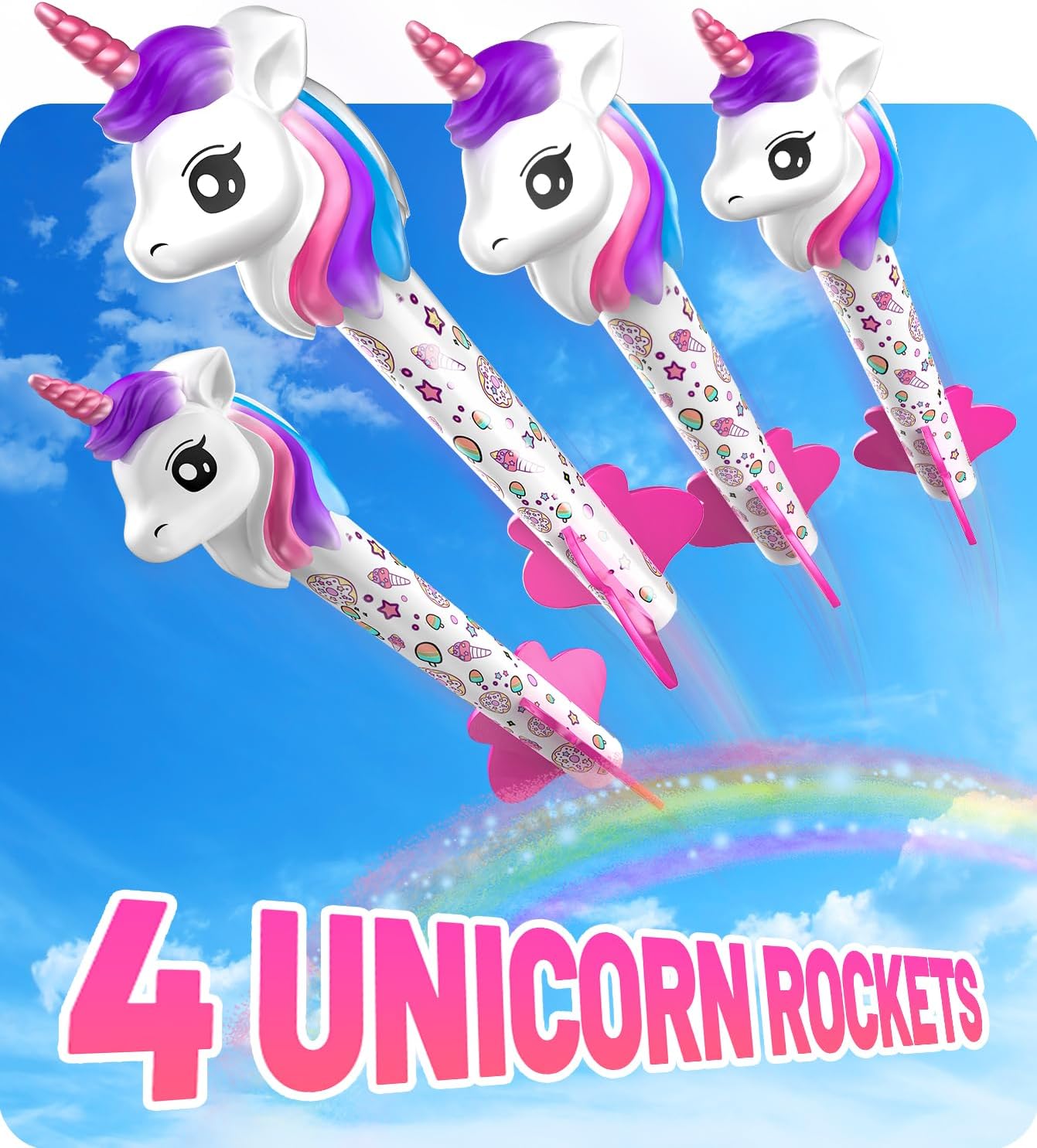 beefunni Lanzacohetes de unicornio para niñas, 4 juguetes de unicornio para exteriores, regalos de cumpleaños de Navidad para niñas de 2 a 4 a 6