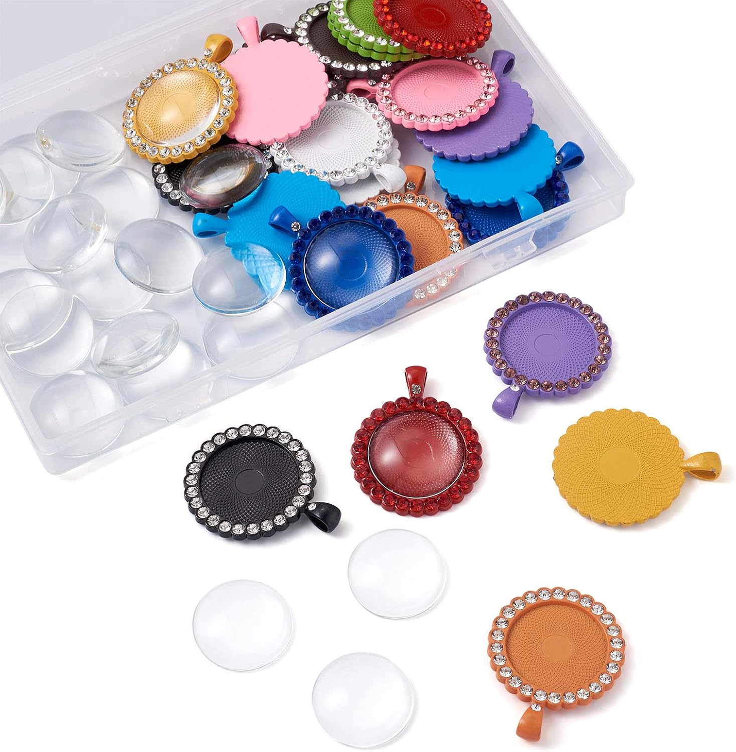 Craftdady 22 bandejas colgantes de bisel de diamantes de imitación de 0.984 in con base de camafeo redonda, dijes en blanco con cabujones de vidrio