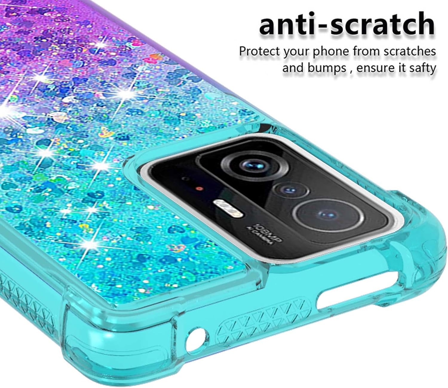 Funda para Xiaomi Mi 11T Pro con protector de pantalla de vidrio templado Quicksand Liquid Transparent Glitter Bling Tough Silicone Bumper Crystal