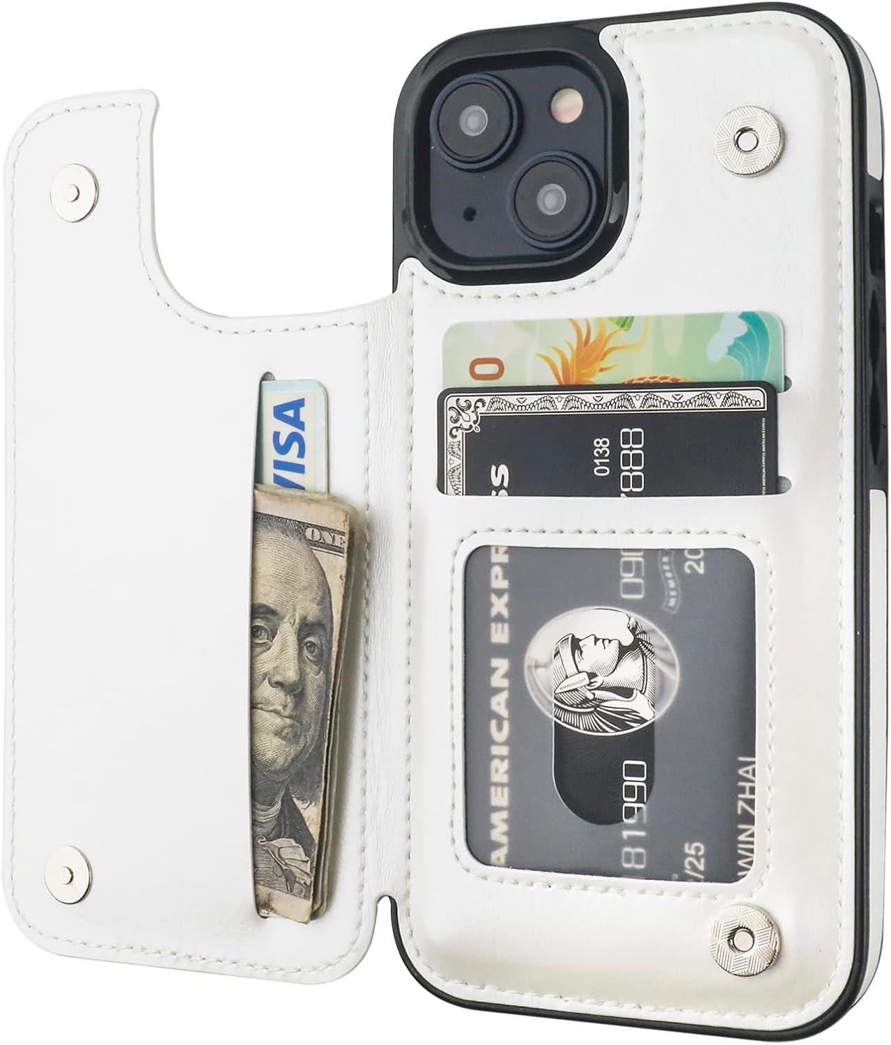 Funda tipo cartera compatible con iPhone 15 con soporte para tarjetas, funda de piel sintética con ranuras para tarjetas, doble cierre magnético y