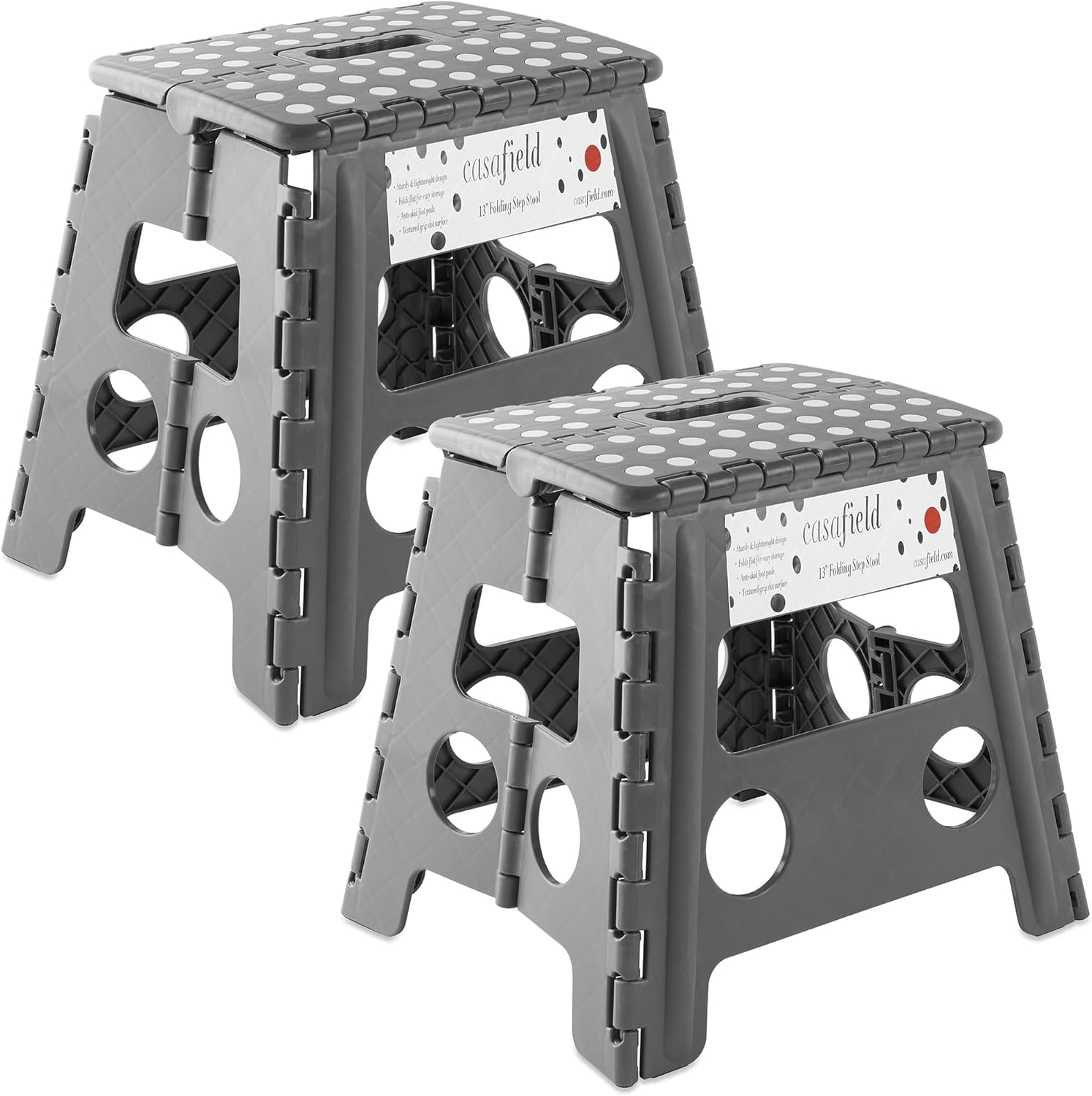 Casafield Taburete plegable de 13 pulgadas con asa (juego de 2), gris, taburete plegable portátil de plástico pequeño para adultos, uso en la