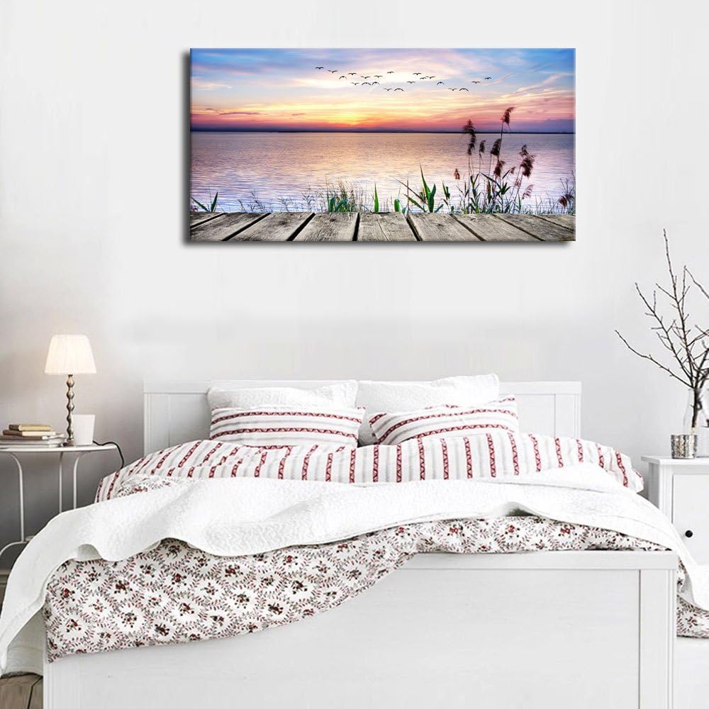 yearainn Lienzo decorativo para pared, lago, muelle, puesta de sol, paisaje con pájaros voladores, obra de arte de lienzo larga, ilustraciones