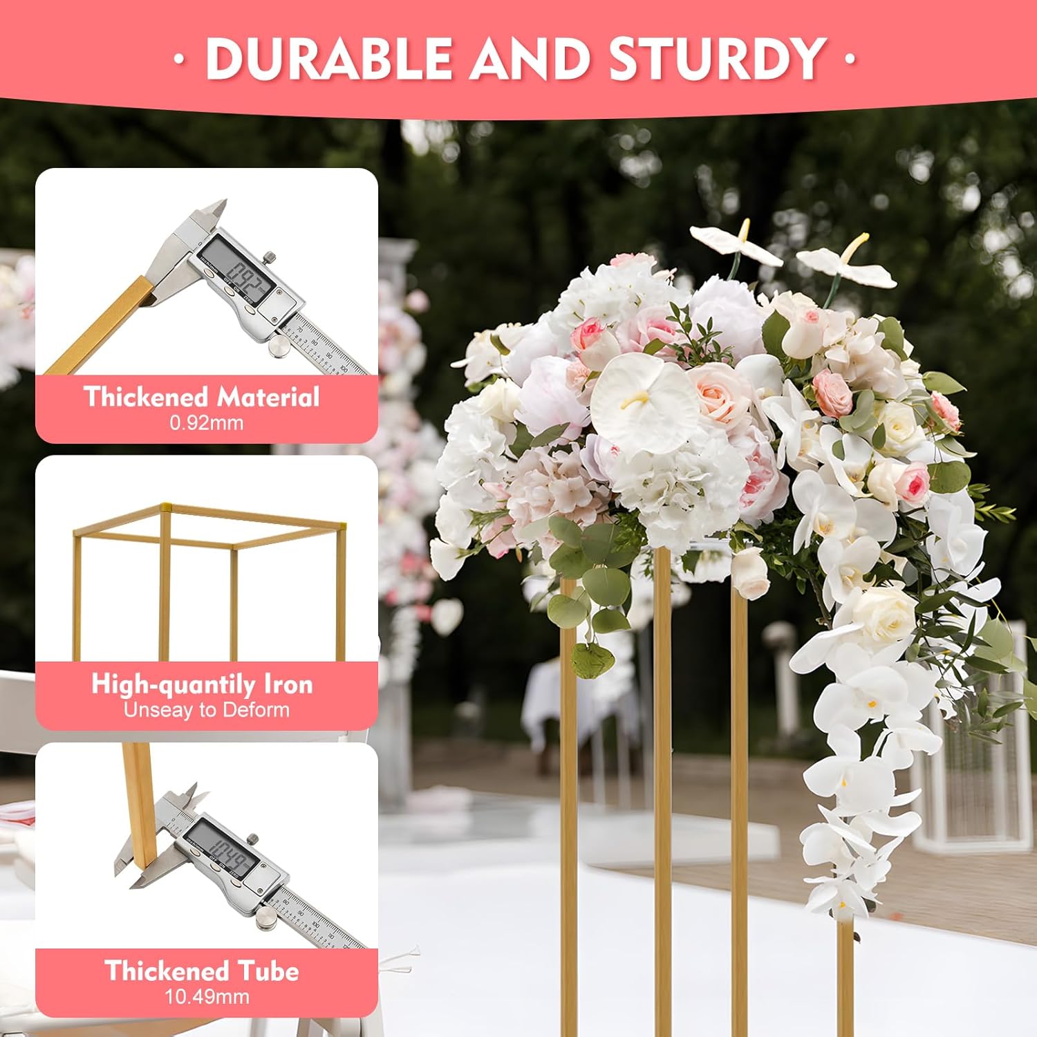 Gdrasuya10 Soporte de flores de metal para boda, 31.5 pulgadas, 10 unidades, para boda, jarrones, soporte de flores, letrero de hierro dorado, marco