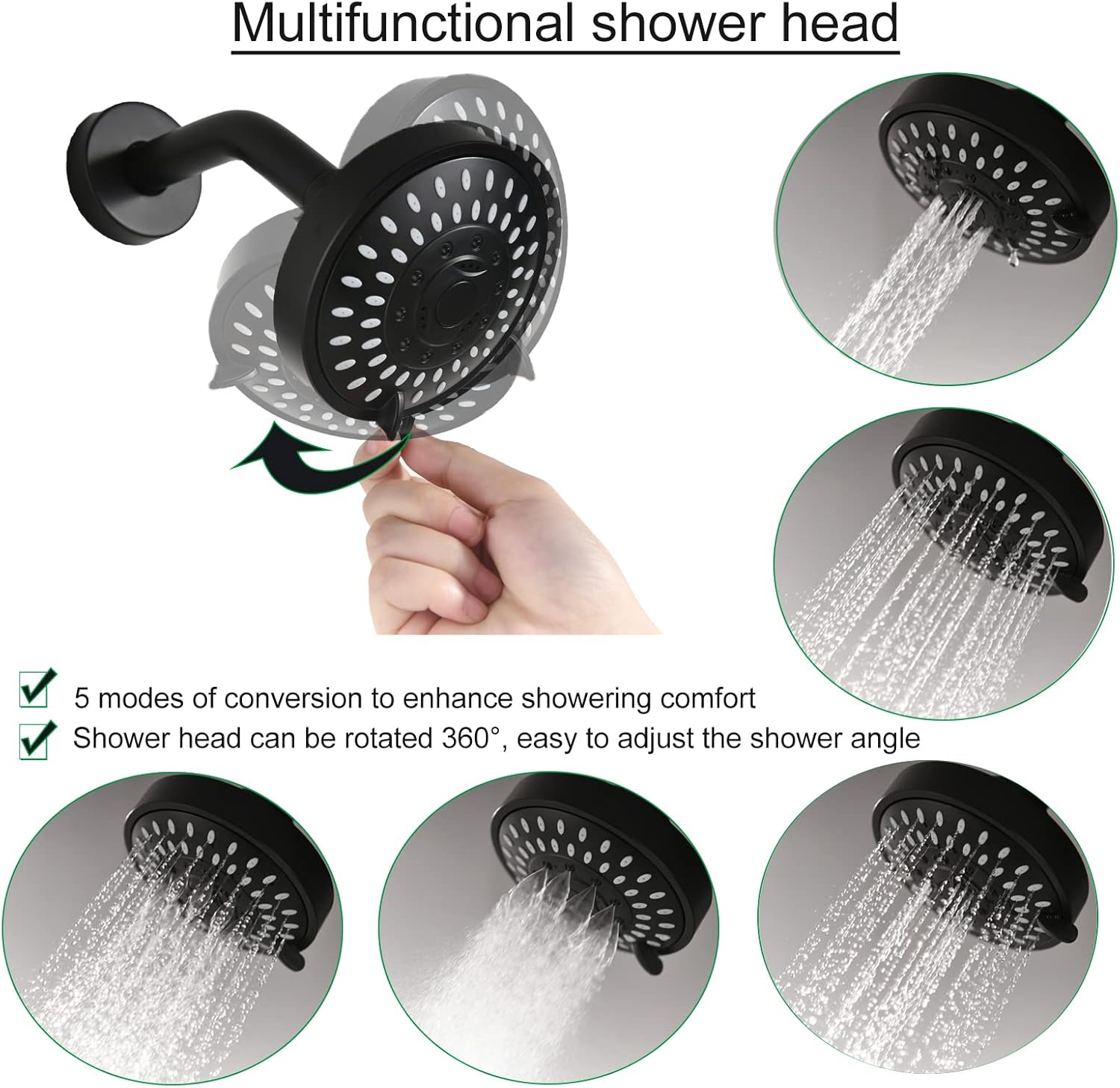 BEIYI BY3H003 – Juego de grifo de ducha de 3 manijas con boquilla de bañera, color negro mate para bañera y ducha, grifos de ducha completos, BY3H003