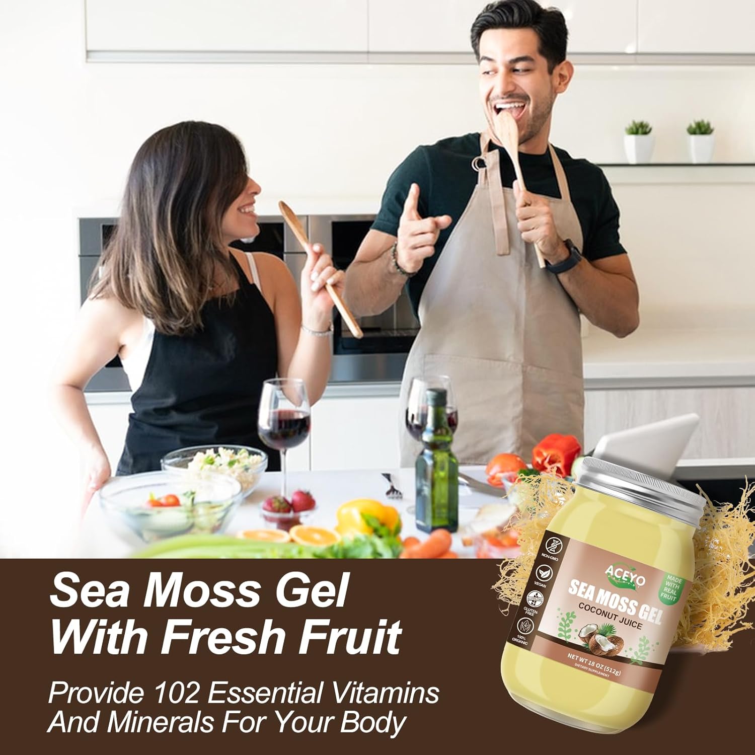 Gel de musgo marino saborizado Irish Seamoss Gel orgánico crudo vegano coco 102 vitaminas y minerales cosechados en la naturaleza sin OMG inmune