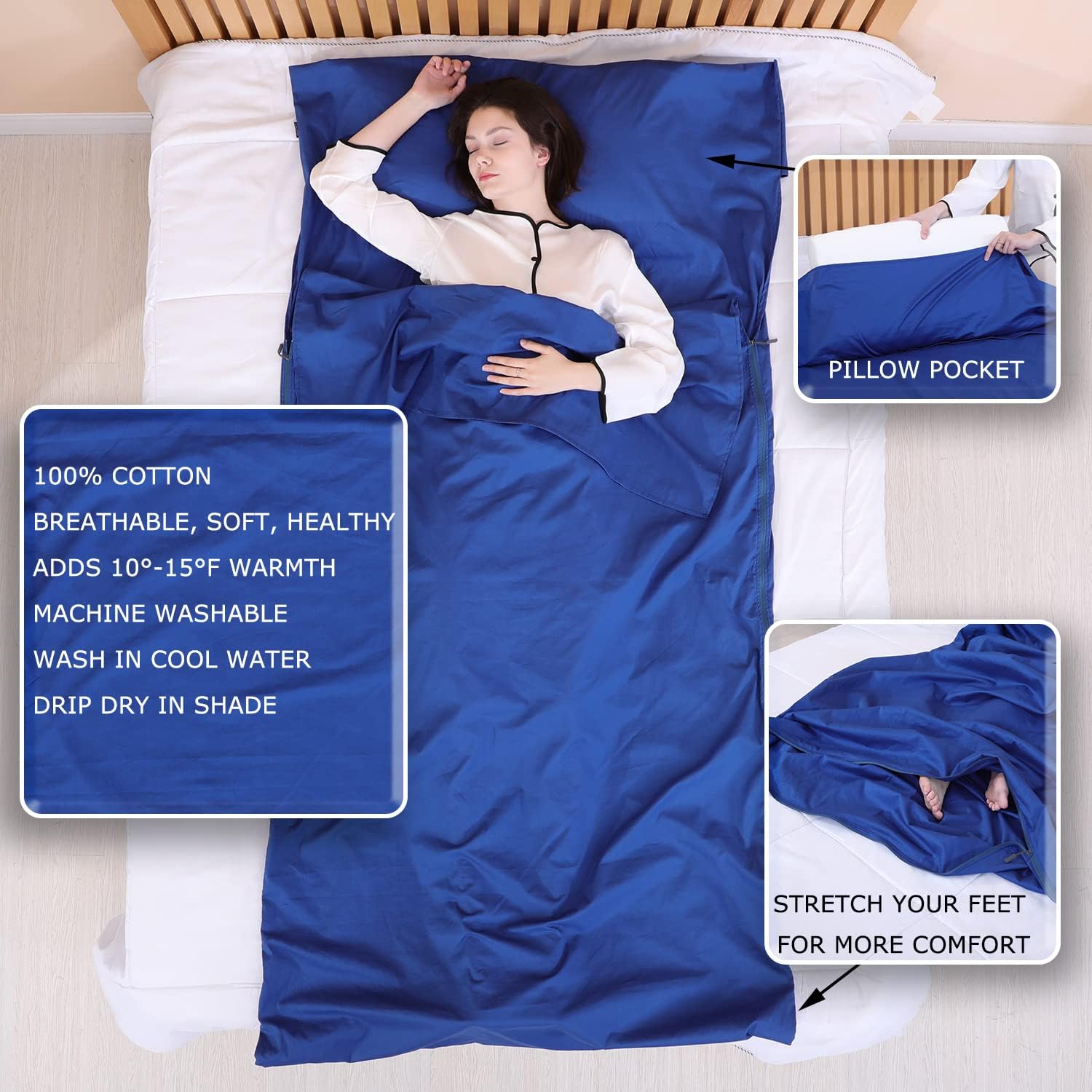 Forro para saco de dormir 100% algodón con cremalleras completas, saco de dormir grande de 87 x 43 pulgadas para adultos para viajes y campamentos,