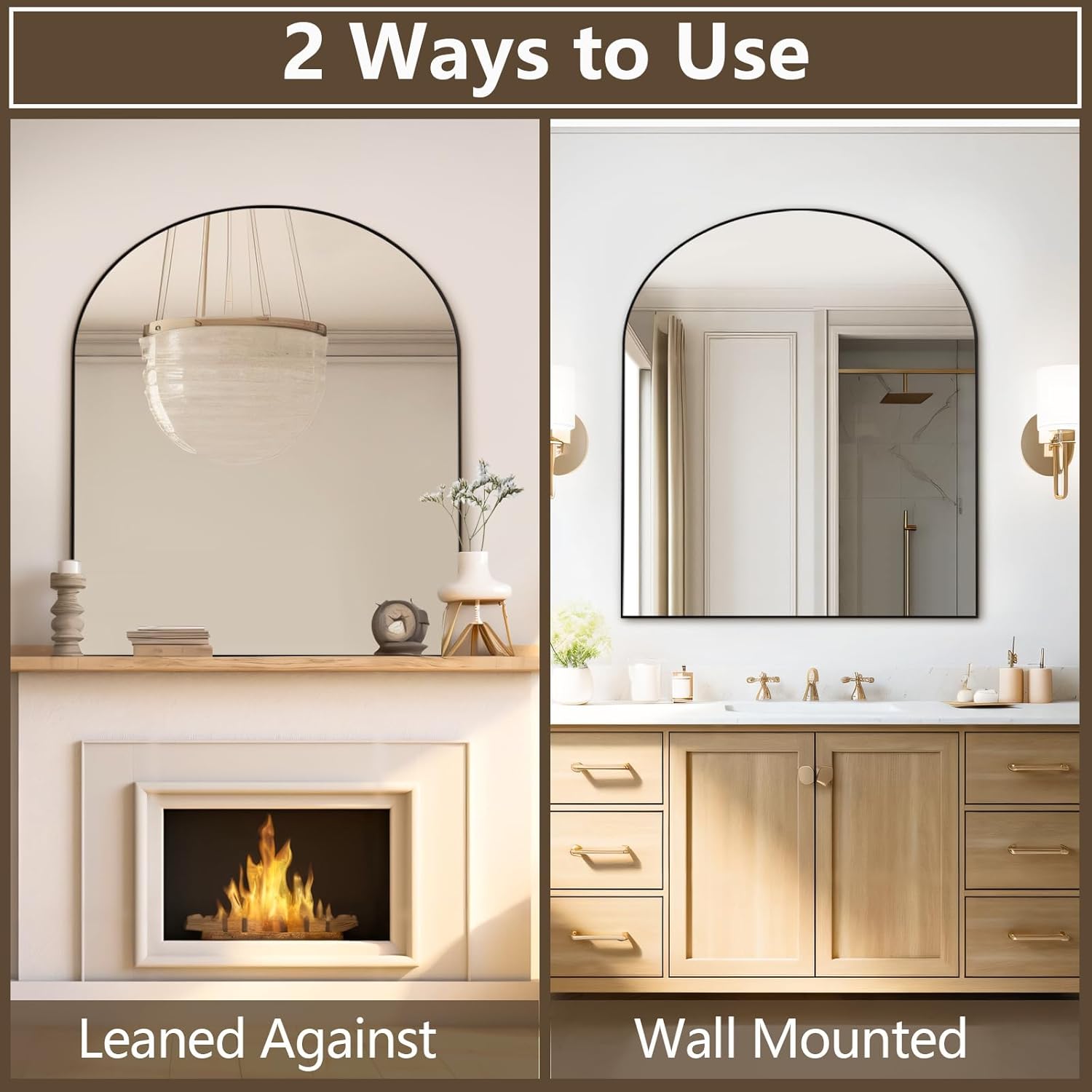 Mirrorons Espejo de baño arqueado de 33 x 31 pulgadas, espejo de pared moderno negro con marco de metal, espejo de tocador de baño con parte