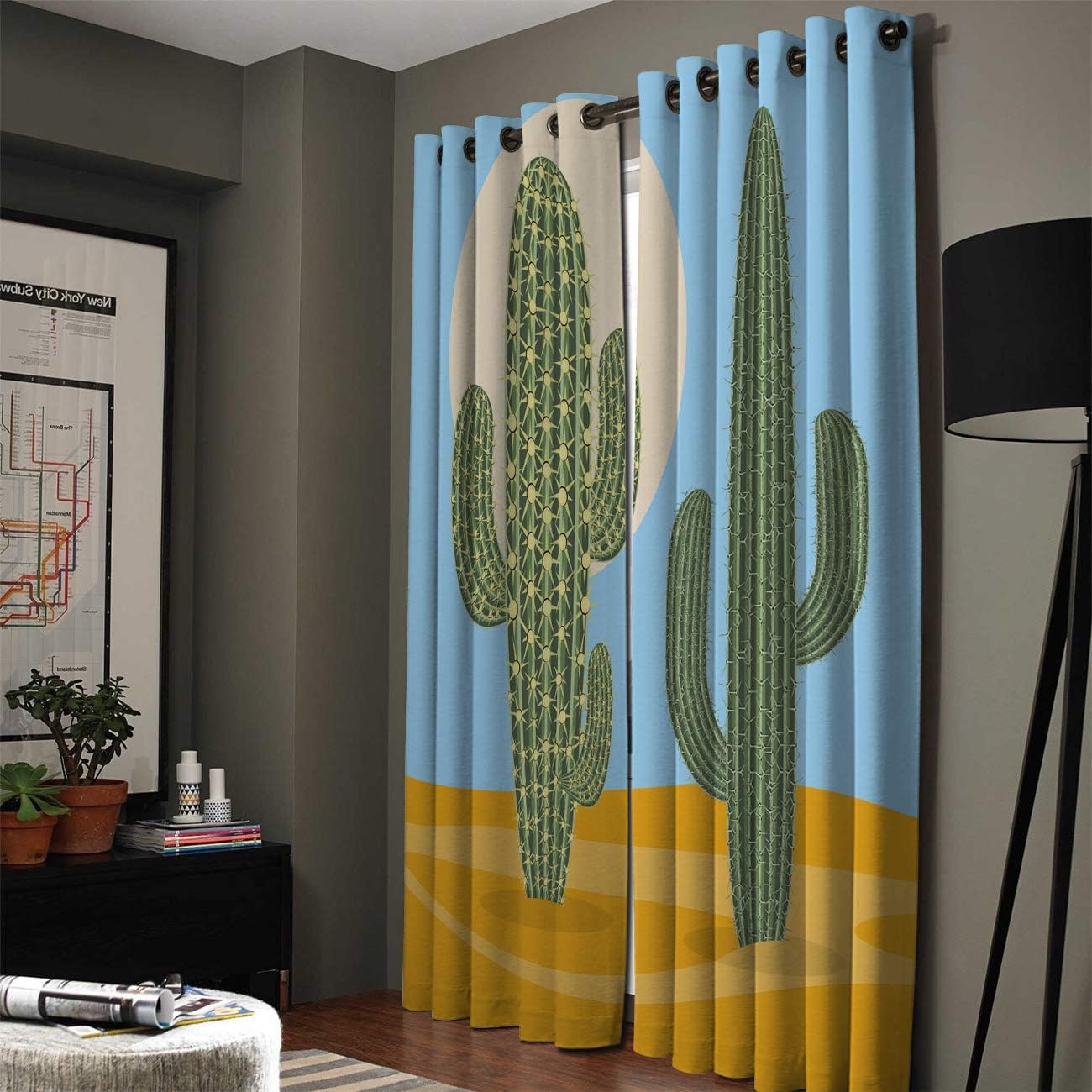 FortuneHouse Blackout Curtains Thermal Insulated Illustration of Desert Cactus Solid Pattern Metal Grommet Elegant Room Drapes Window Curtain for