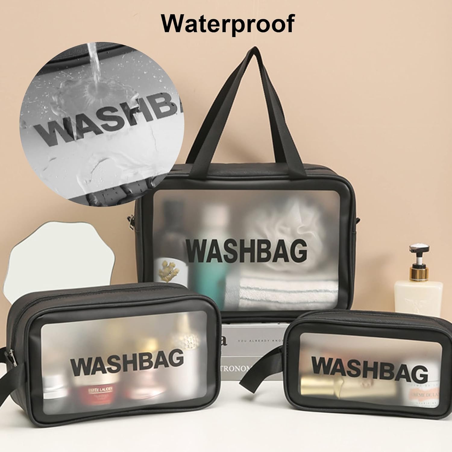 Bolsas de cosméticos, 3 piezas-negro, Transparente