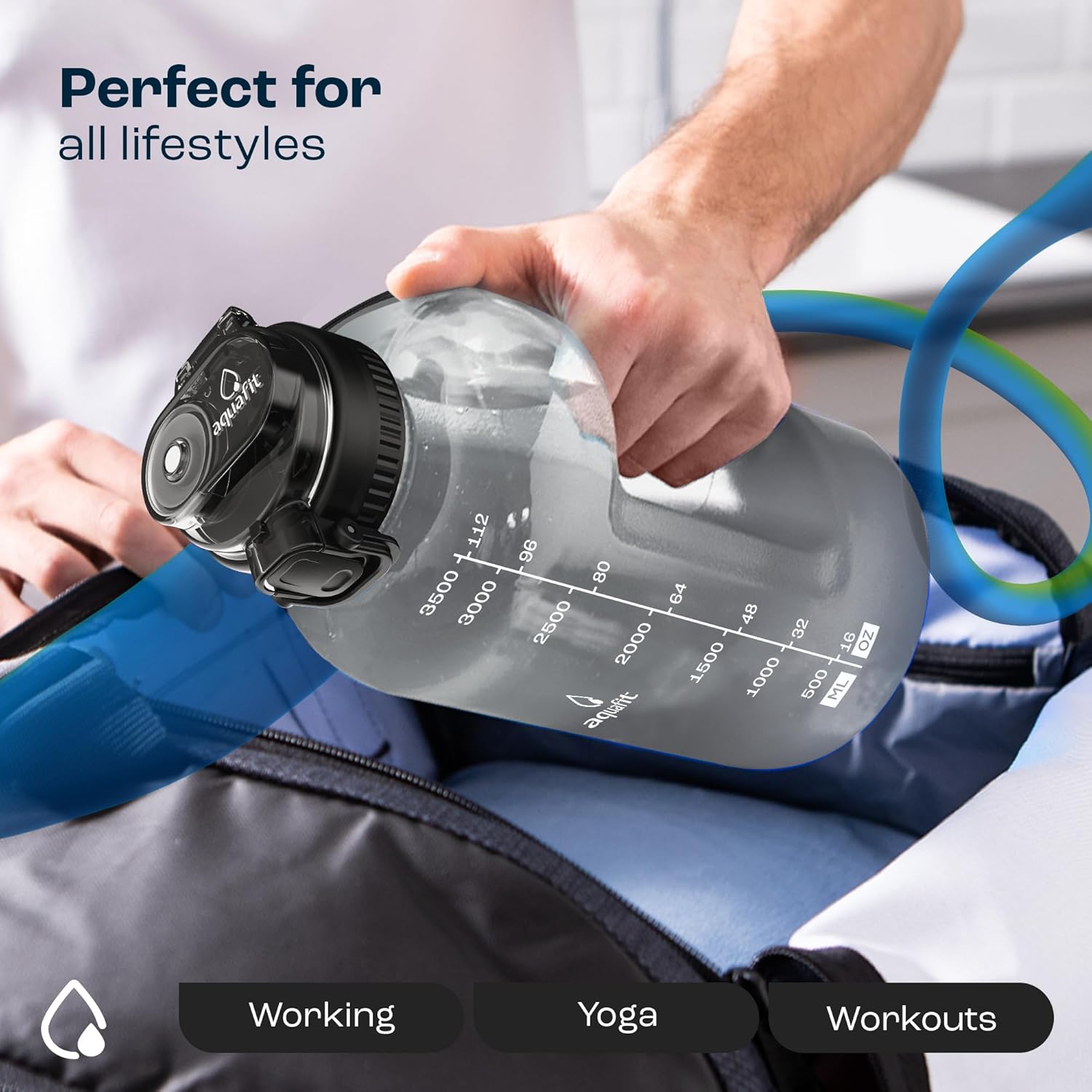 AQUAFIT Botella de agua de 1 galón con popote 2 en 1 y tapa para beber  Botella de agua de un galón con marcador de tiempo y asa, jarra de agua de