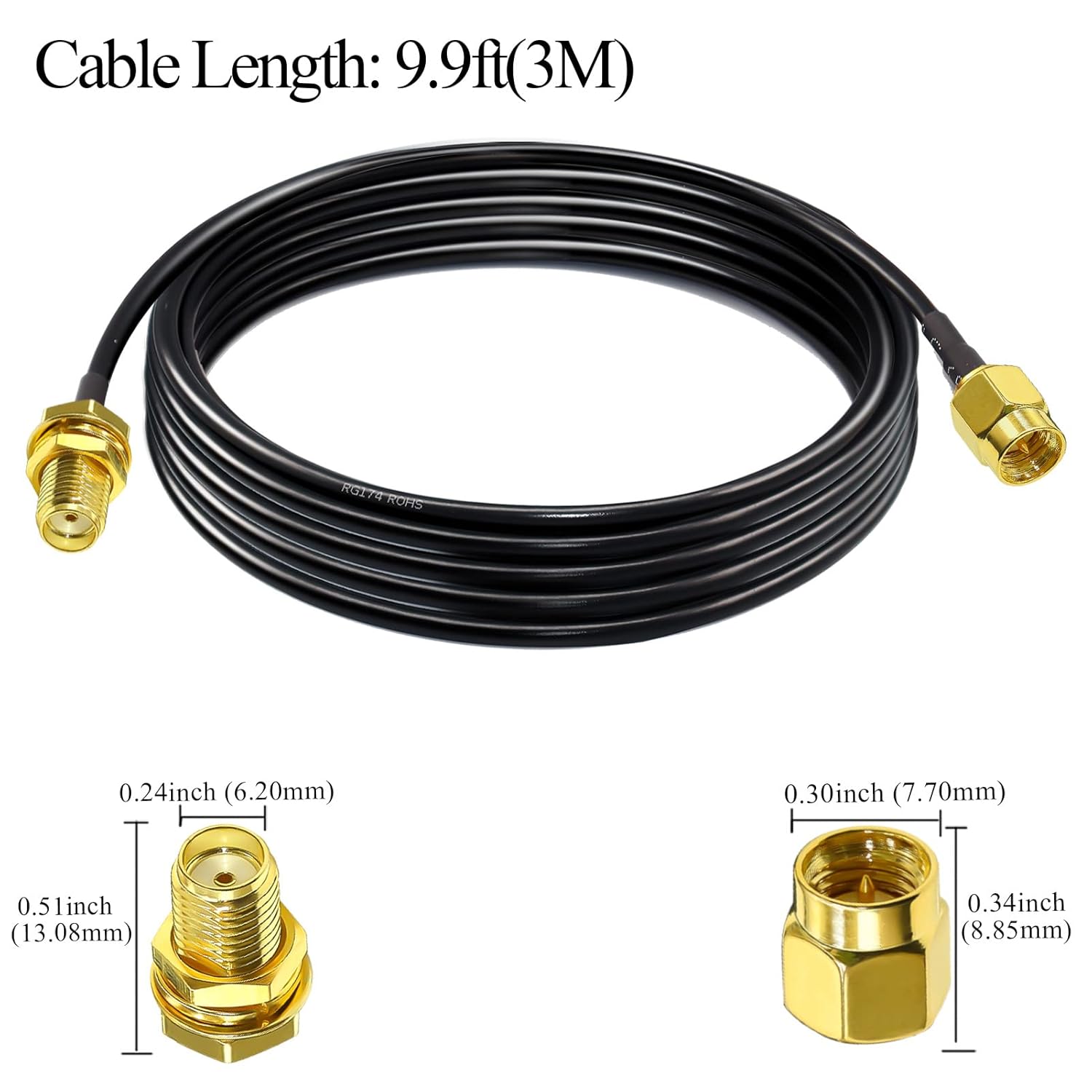 RG174 SMA Cable de extensión de antena SMA, cable coaxial SMA macho a hembra de baja pérdida de 9.8 pies (9.8 ft) + 3 conectores adaptadores