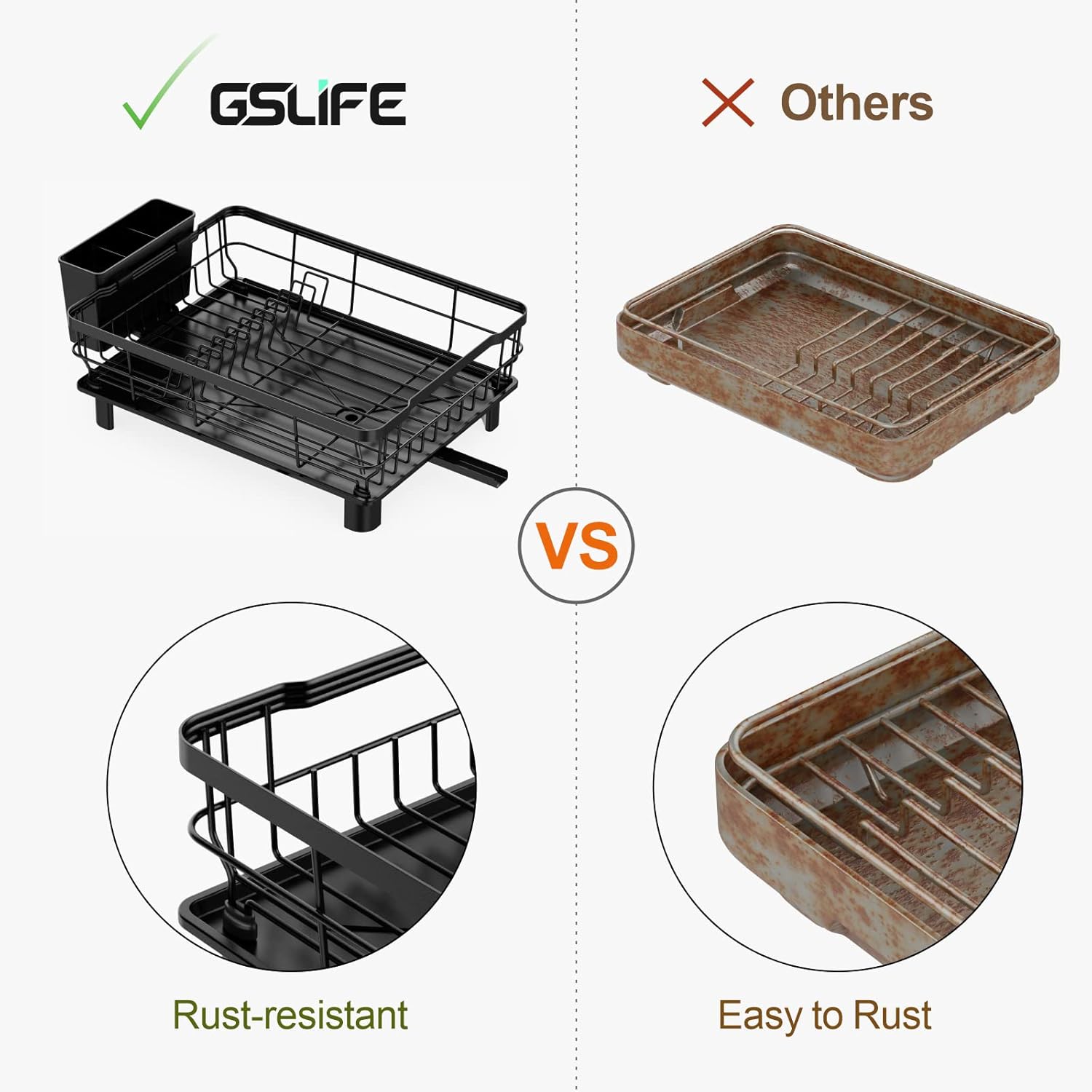 GSlife Escurridor de platos con escurridor, escurridor de platos para encimera de cocina con 12 ranuras para platos, resistente al óxido con patas