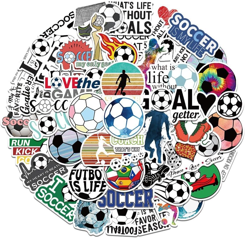 Calcomanías deportivas de fútbol, accesorios de fútbol, 50 calcomanías impermeables de vinilo de FDCcX para botella de agua, laptop, bicicleta,