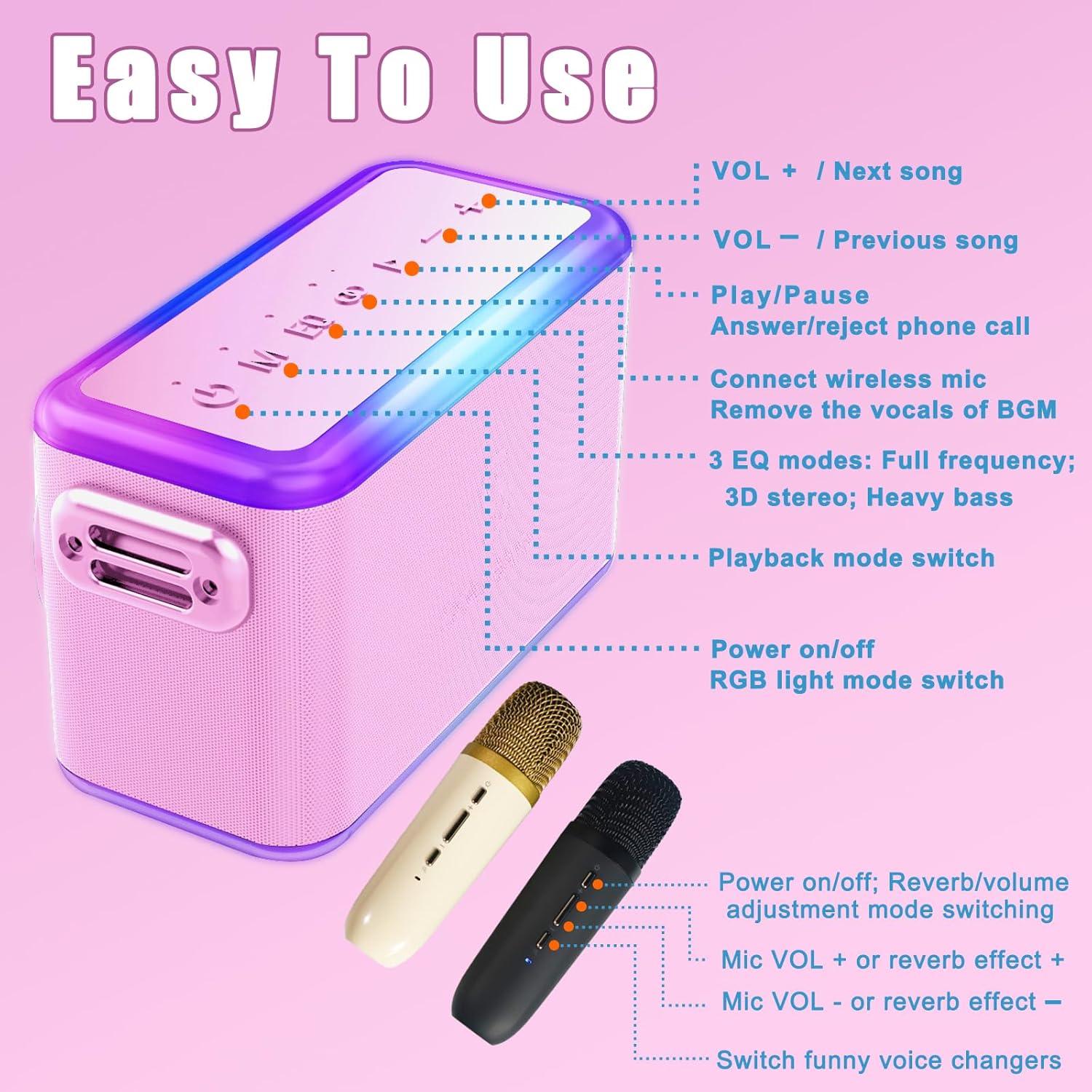 Altavoz de reverberación de 80 W, máquina de karaoke inalámbrica BT con 2 micrófonos, sistema PA alimentado por batería para adultosniños, fiesta en