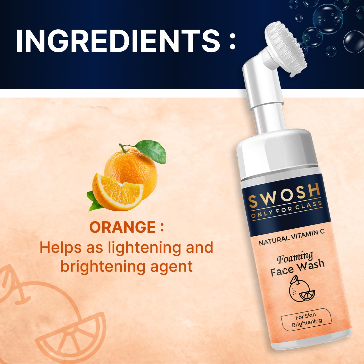 SWOSH Jabón facial espumoso natural con vitamina C para piel propensa a espinillas y grasas, sin parabenos, sulfatos, siliconas y color (con cepillo