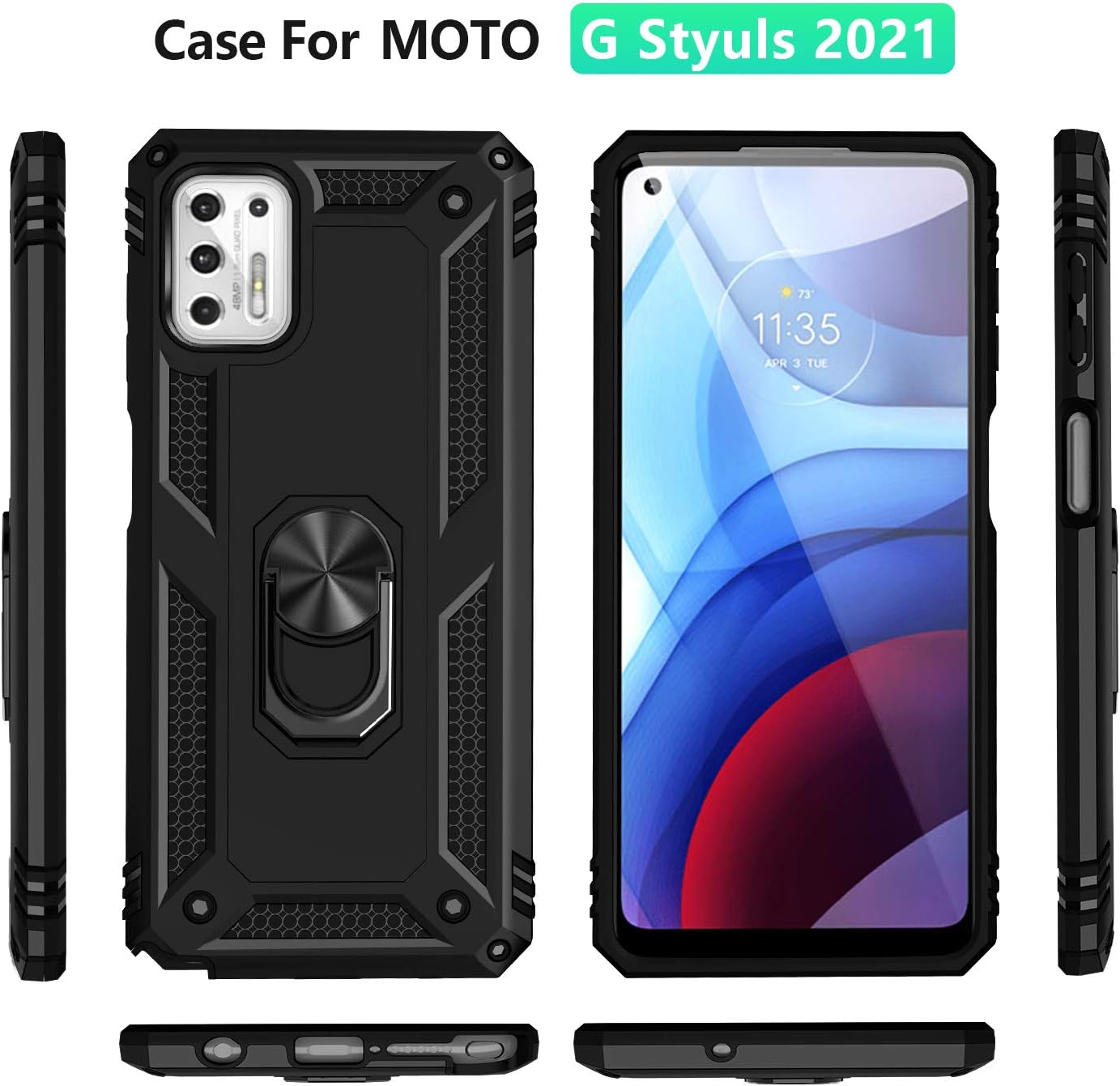 Funda para Motorola Moto G Stylus 5G 2021, funda protectora de silicona TPU con soporte de anillo magnético giratorio, absorción de golpes militar