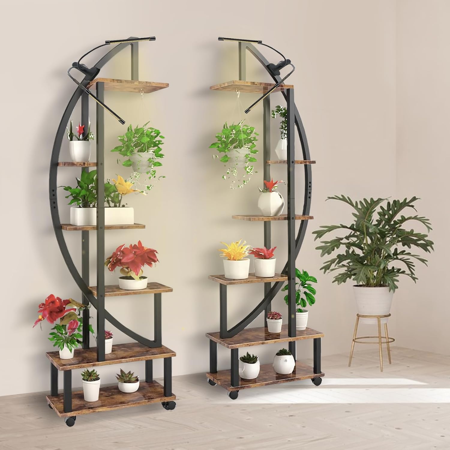 homegroove 2 soportes de metal de 6 niveles altos para plantas de interior con luz de crecimiento, estante grande en forma de media luna y ruedas