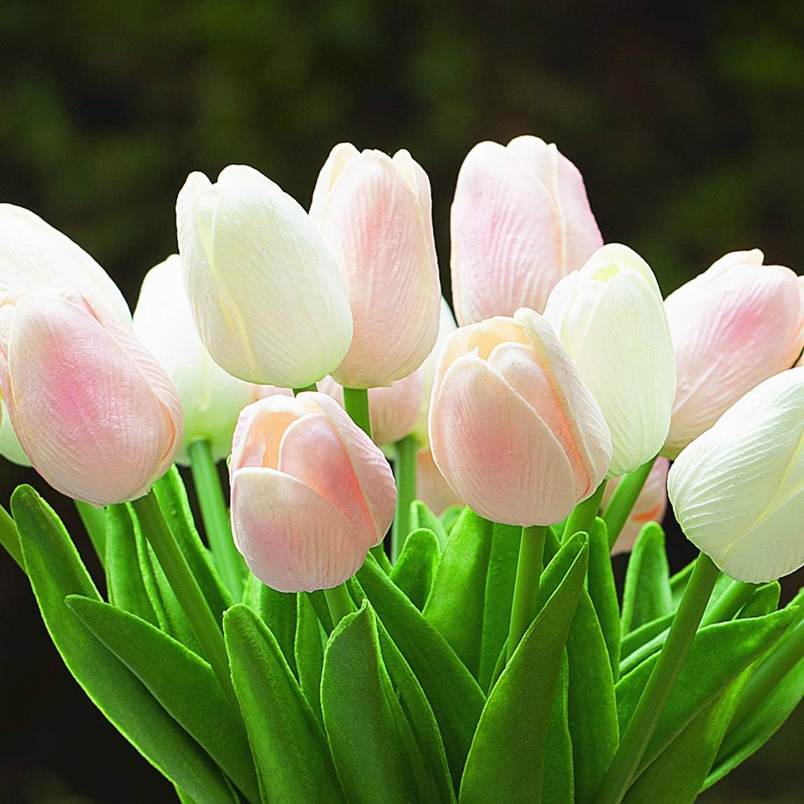 ENOVA HOME 20 arreglos florales de tulipanes artificiales de tacto real en jarrón de vidrio con agua sintética para decoración del hogar (blanco