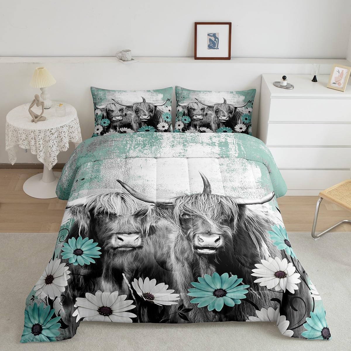 Juego de ropa de cama de vaca de las montañas, regalo de vaqueros, para niños y niñas, individual, juego de edredón de granja occidental, edredón de